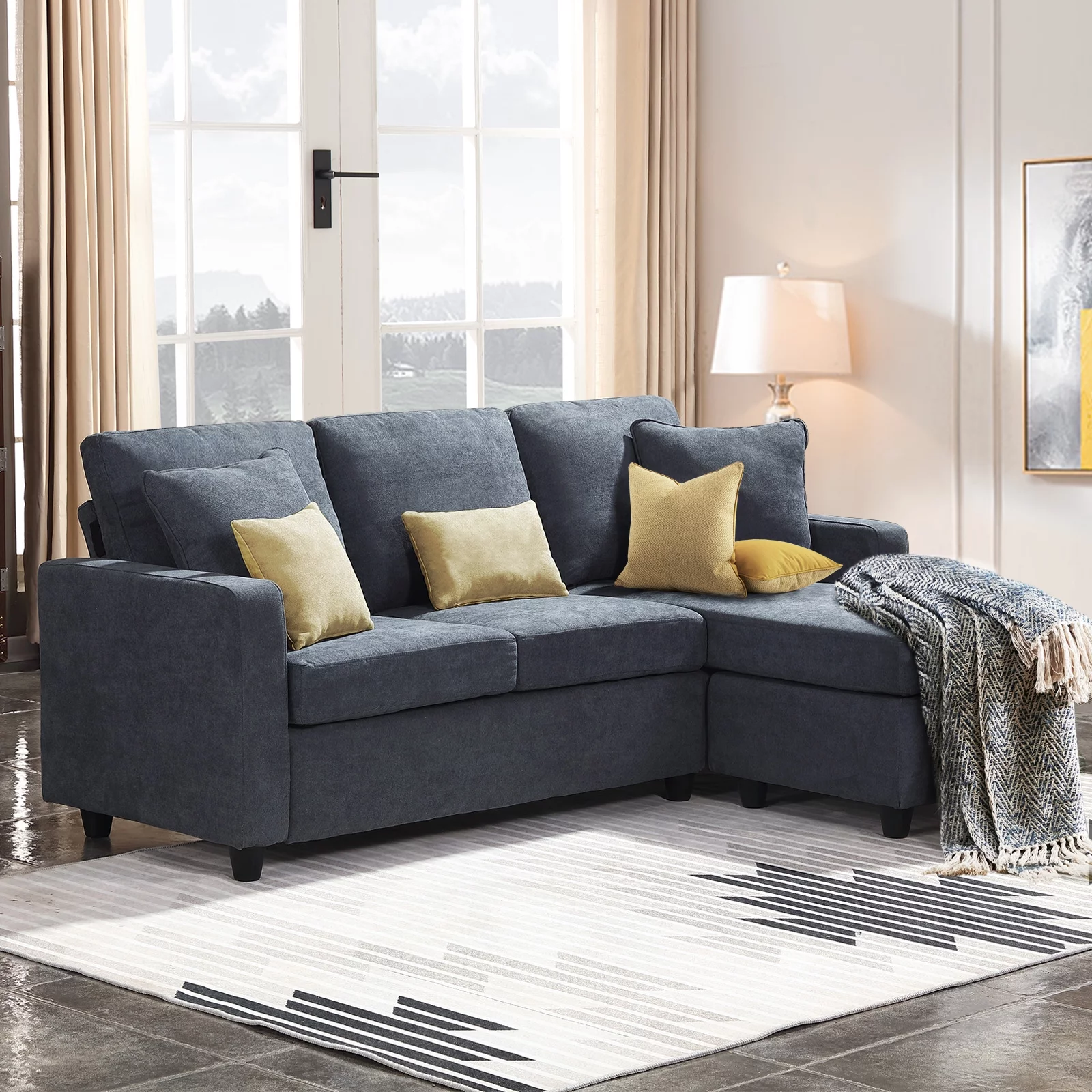 HONBAY Convertible Sectional Sofa Couch, L-Shaped Couch with Modern Linen Fabric for Small Space Dark Grey