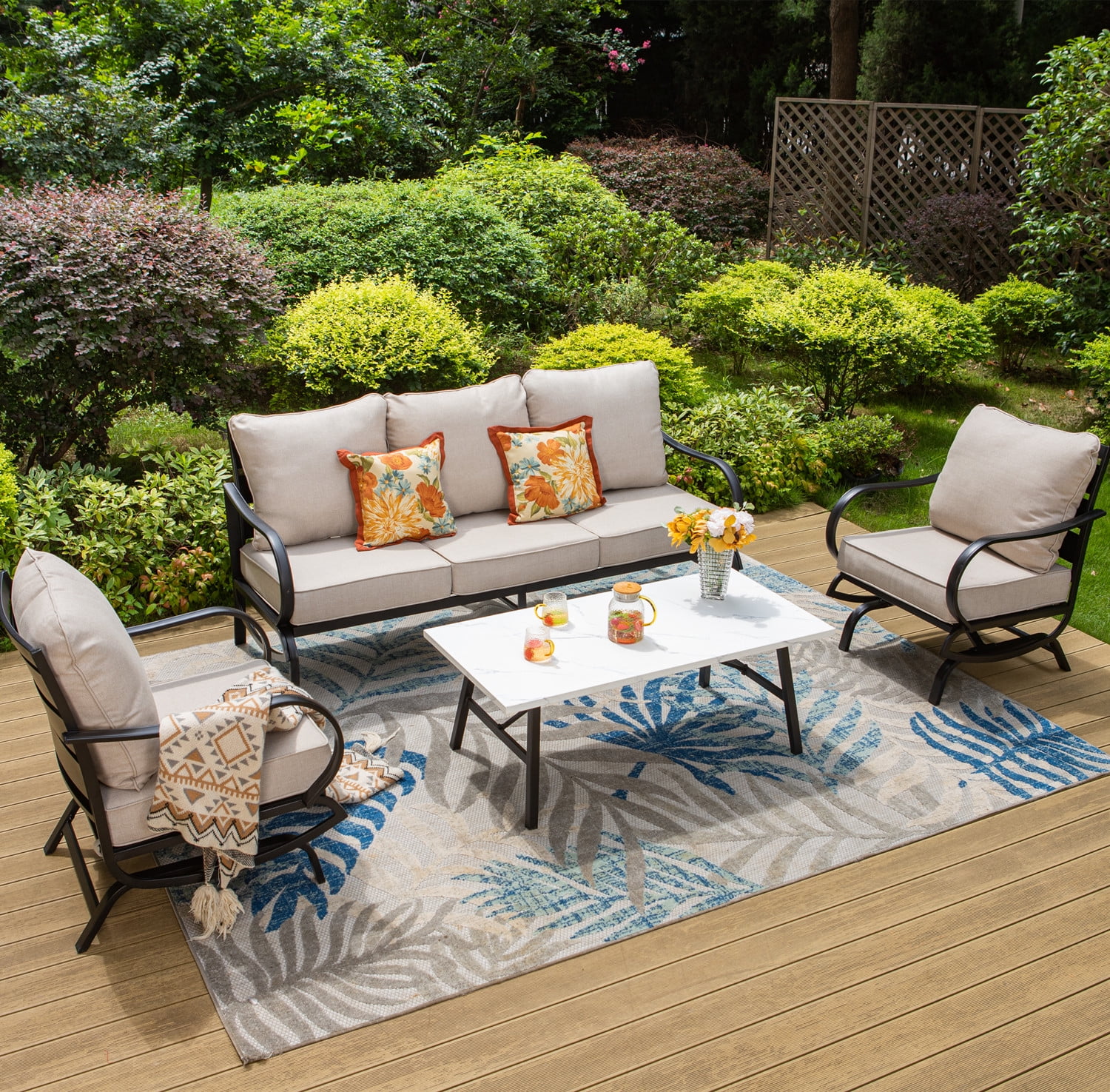 MF Studio 5-Seat Patio Conversation Set Metal Outdoor Furniture Sofa Set for 5 Person Beige