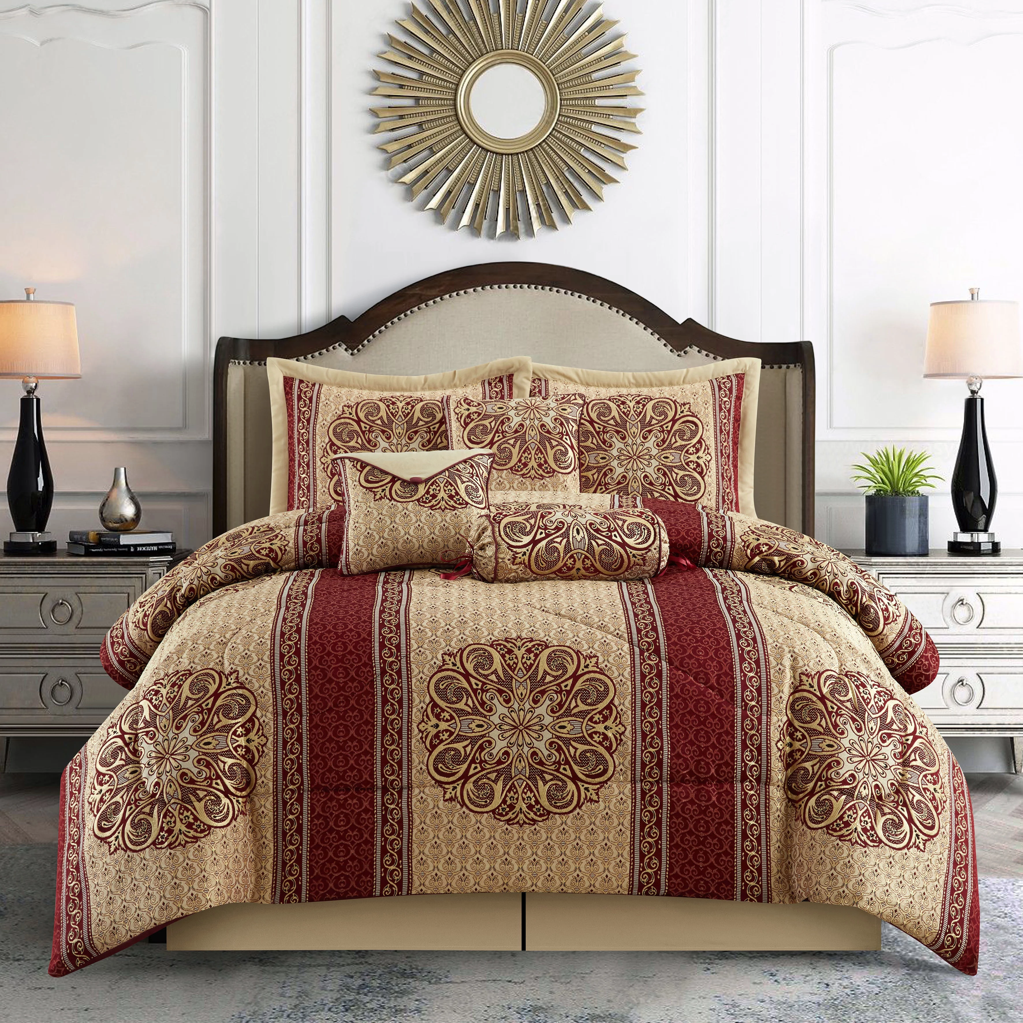 Lanco 7 Piece Comforter Sets, Burgundy Bedding Sets, Queen Size with Shams, Bed Skirt, Elegant