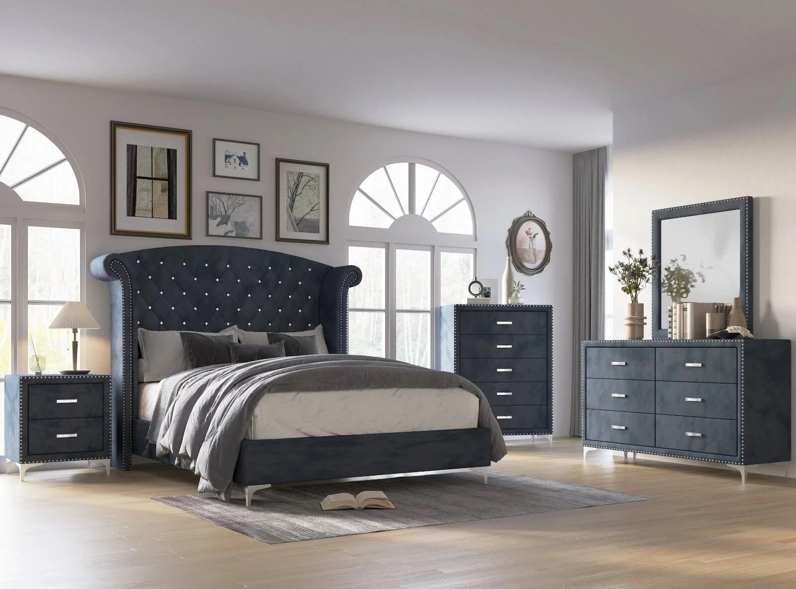 Modern Glamourous 6pc Queen Size Bed Dresser Mirror Nightstands Chest Bedroom Set Dark Gray Velvet Upholstery Furniture