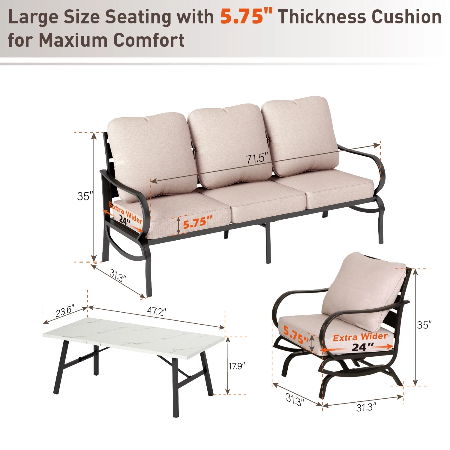 MF Studio 5-Seat Patio Conversation Set Metal Outdoor Furniture Sofa Set for 5 Person Beige