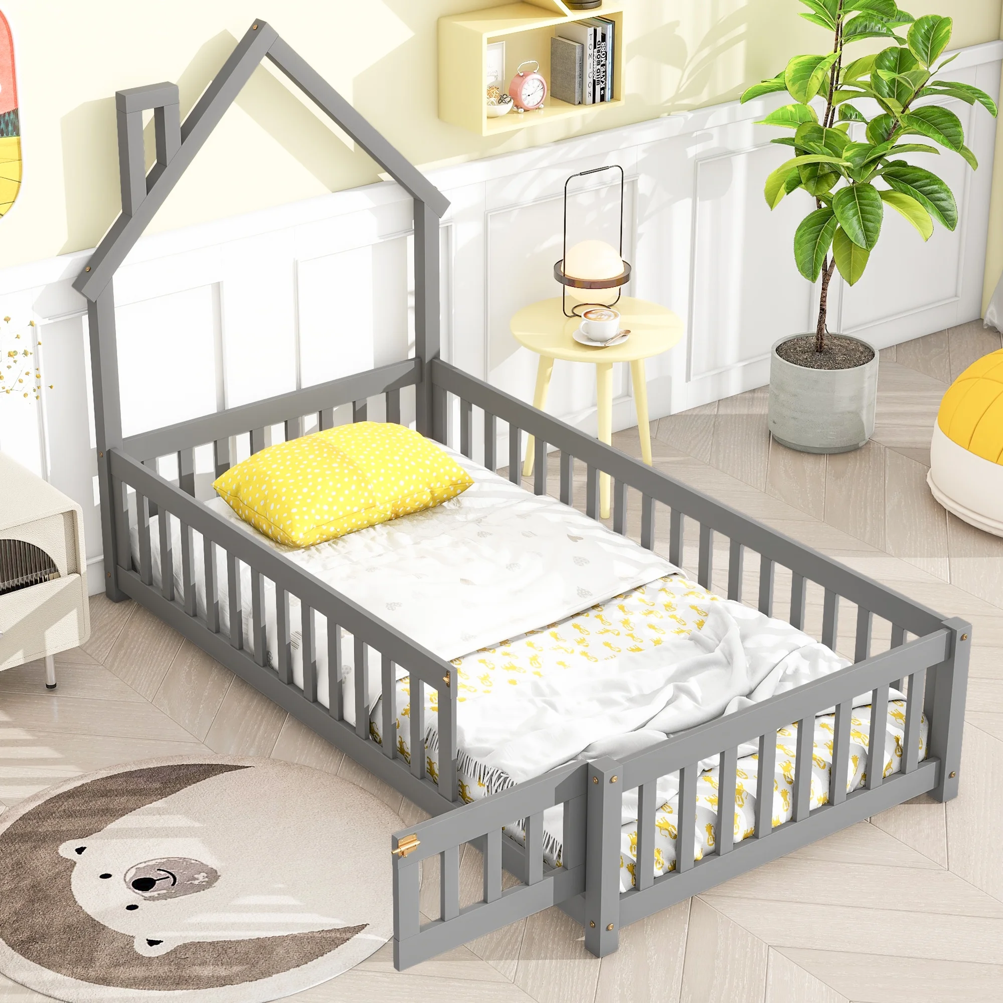 PORKISS Twin Size House Platform Bed for Kids with House-Shaped Headboard, Low Floor Bed with Guardrails Fence, Gray