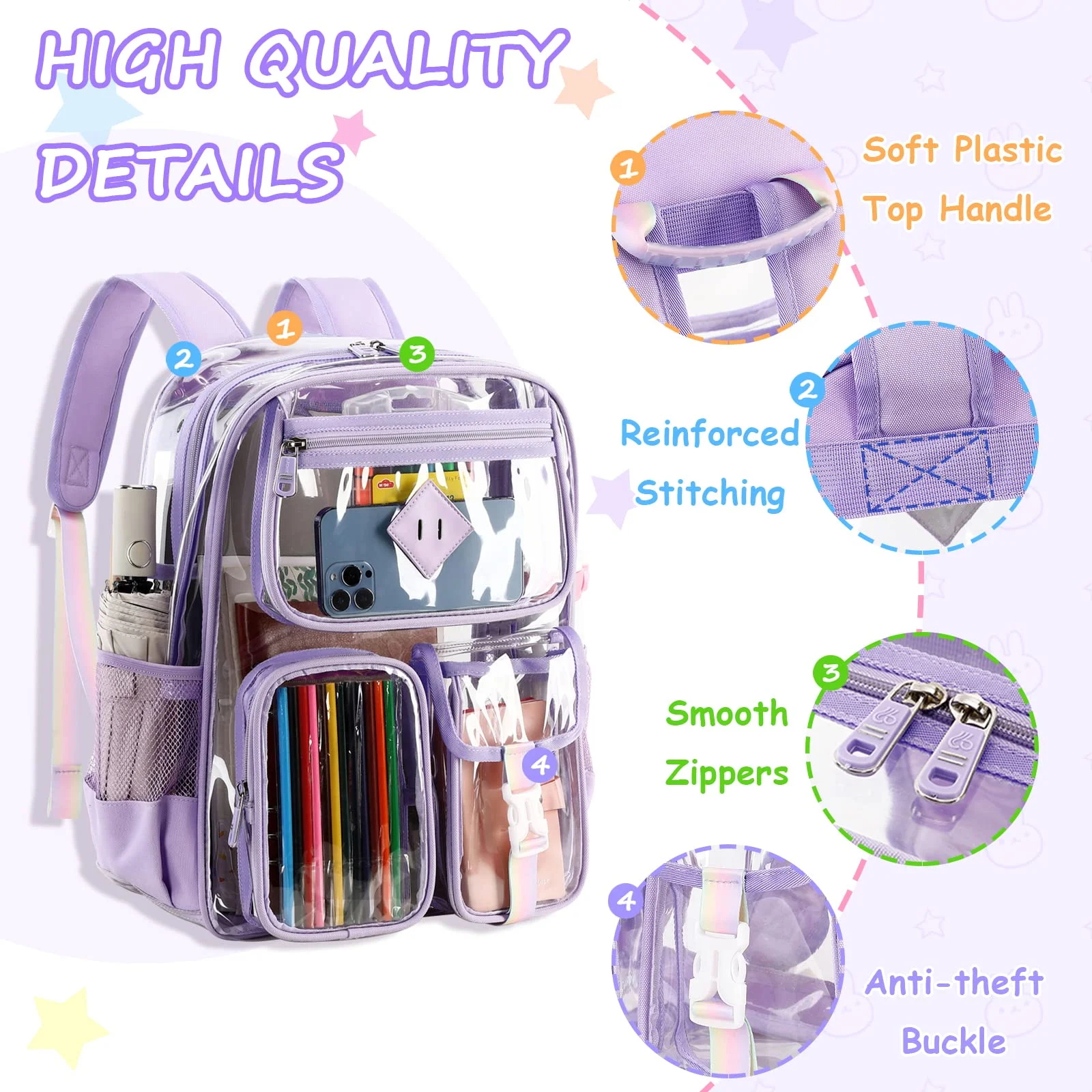 Sanmadrola Large Clear Backpack Heavy Duty Stadium Approved Girls Backpack Waterproof Pvc Transparent Backpacks for Girls Clear Bag with Reinforced Strap for School Work Travel Festival, Purple
