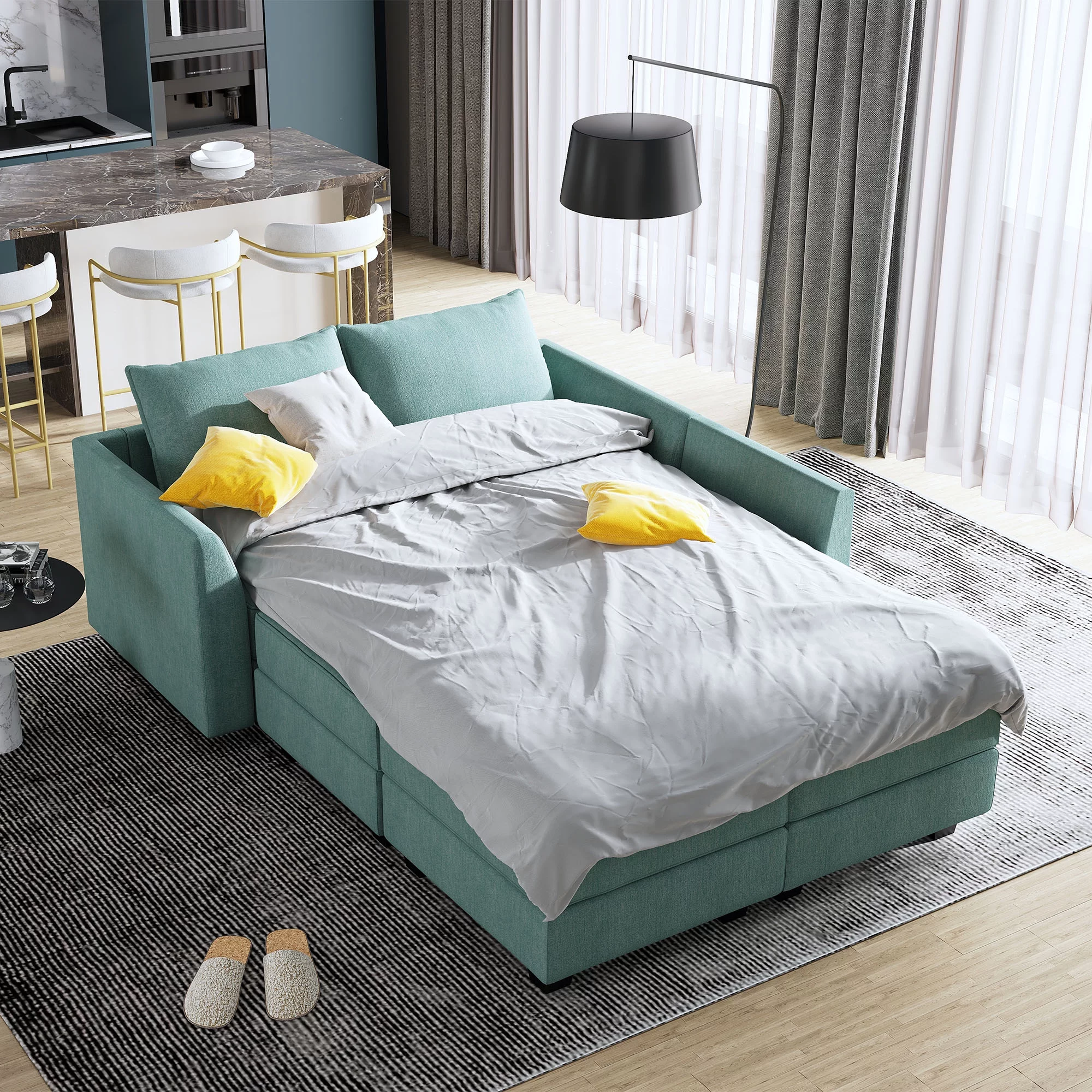 HONBAY Modern Convertible 6 Pieces Fabric Sleeper Sectional Couch Sofa Bed with Storage Ottomans, Aqua Blue