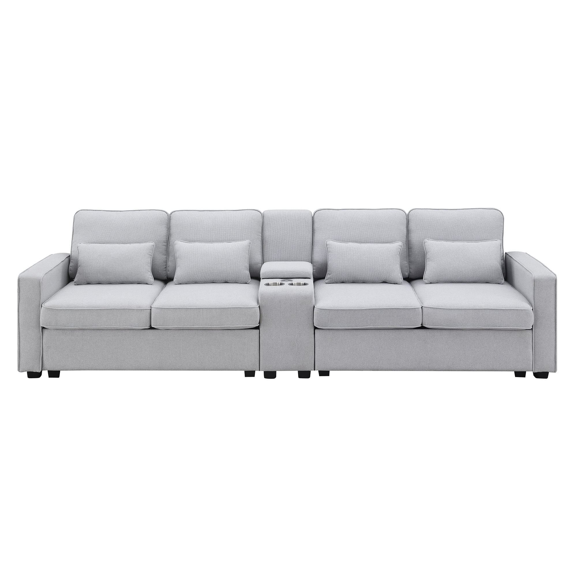 Modern 4 Seater Large Sofa with Console, Linen Fabric Upholstered Couch with USB Charging Ports Cup Holders for Living Room Office