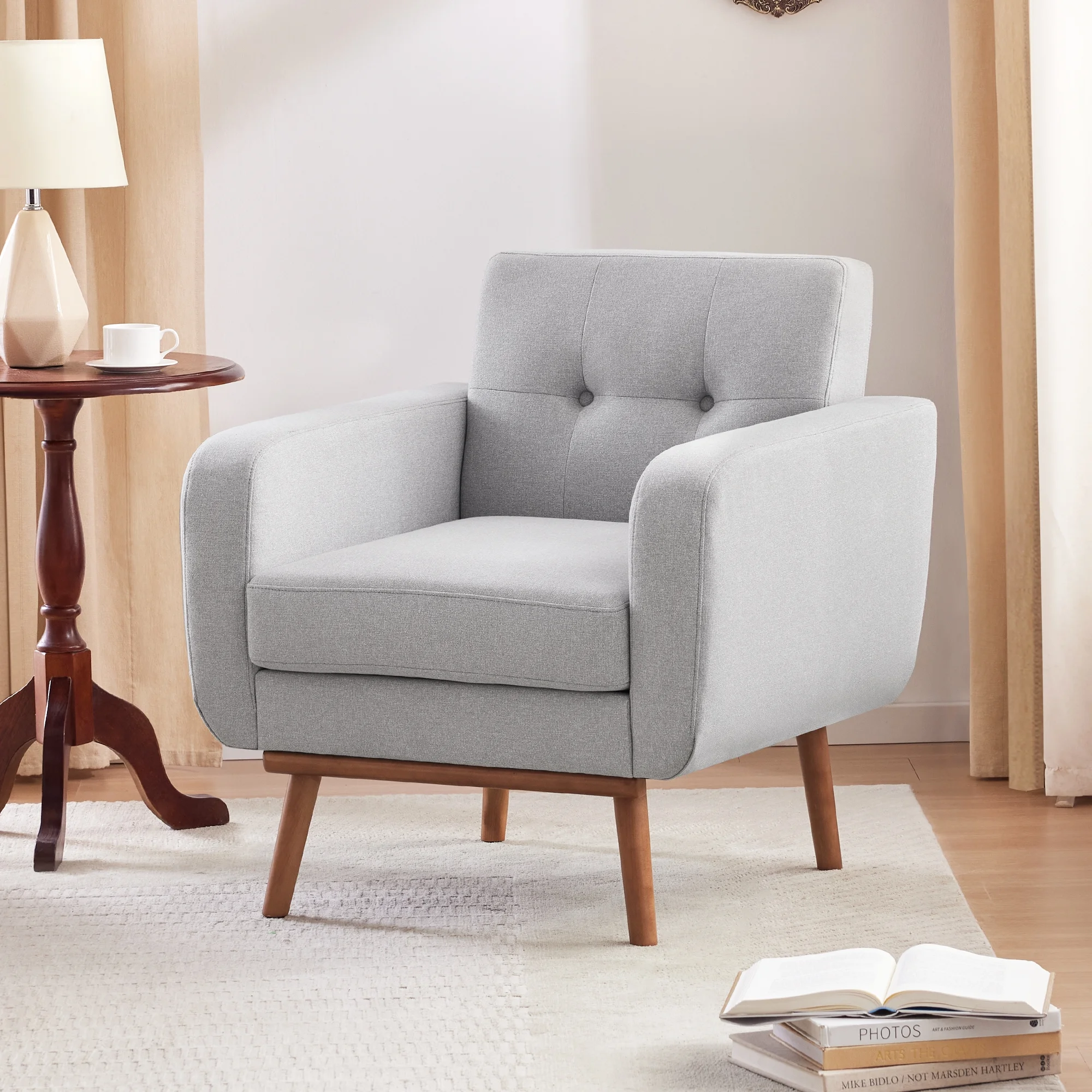 HUIMO Linen Fabric Accent Chair, Mid Century Modern Arm Chair for Living Room, Button Tufted Upholstered Armchair Comfy Reading Sofa for Bedroom, Club Chair (Gray)