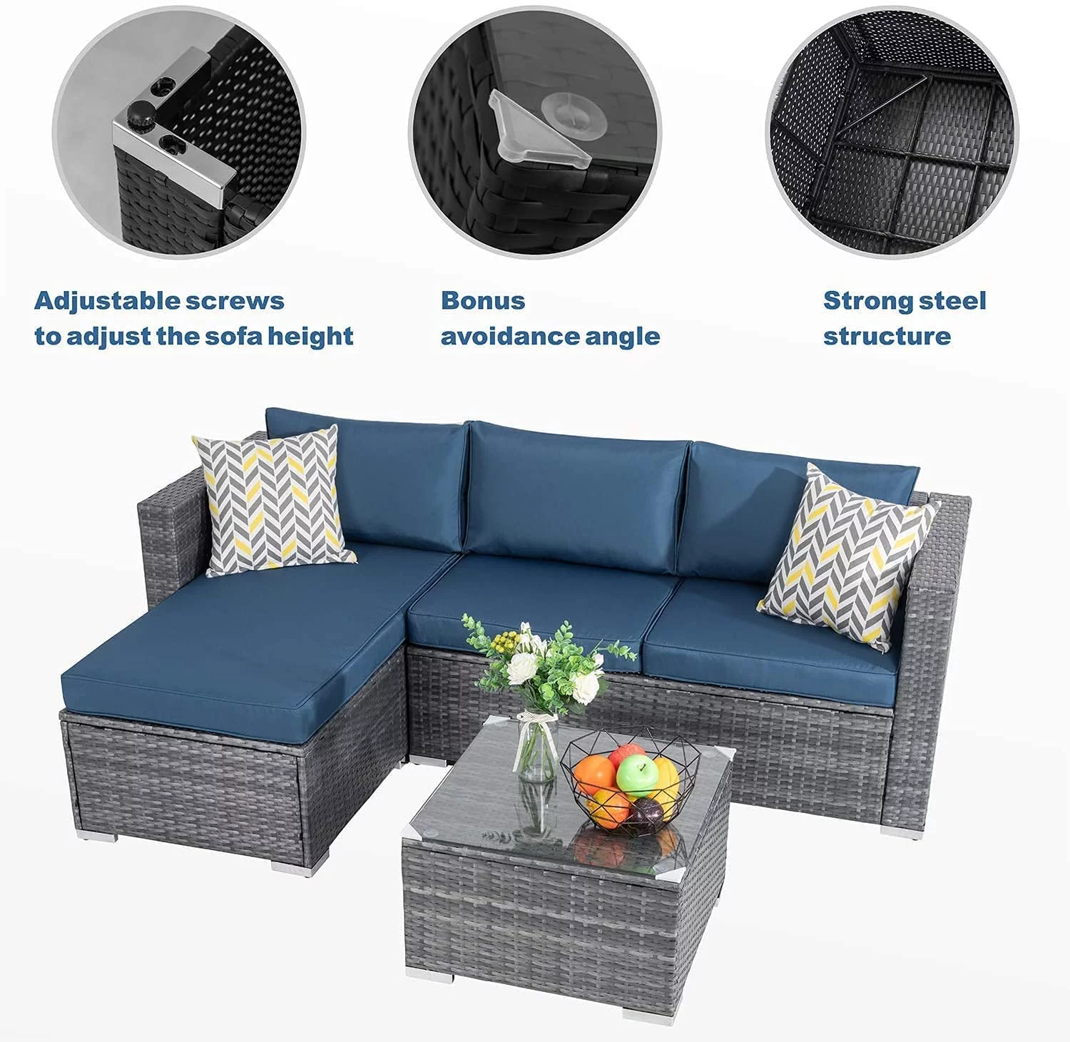 Walsunny 3 Piece Aegean Blue Outdoor Furniture Sectional Sofa Patio Set Silver Gray Rattan Wicker