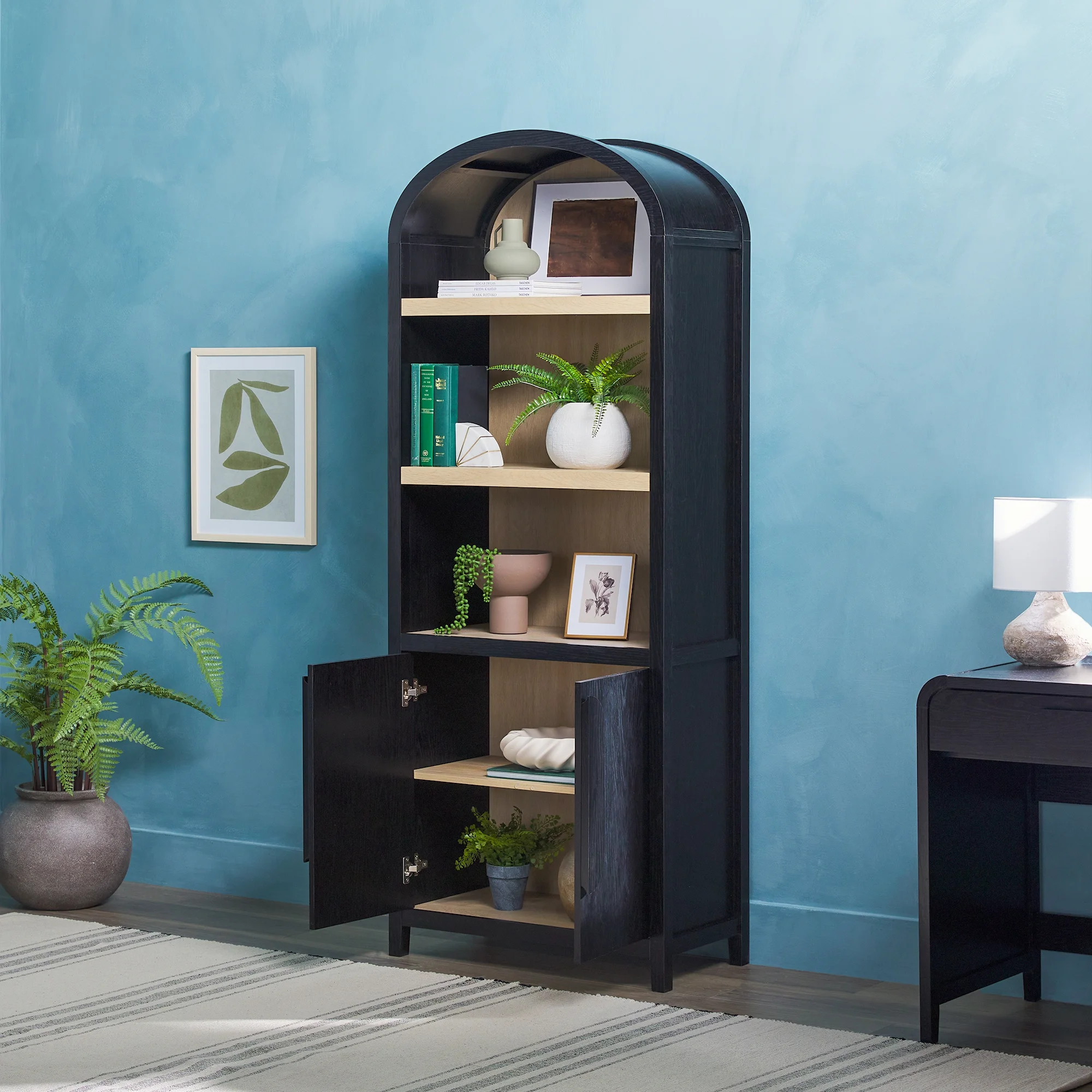 Walker Edison Modern 3 Shelf Open Arched Bookcase Cabinet, Black