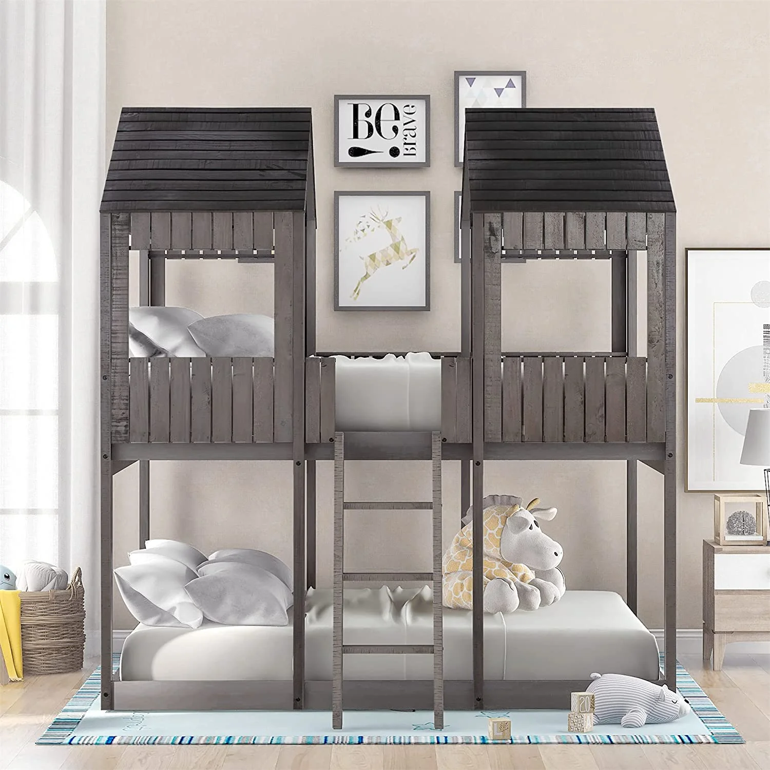 House Bed For Kids,Full Over Full House Bunk Bed With Roof, Window, Wood Full Size House Bed For Toddler, Teens, Girls, Boys,No Box Spring Needed,Antique Gray