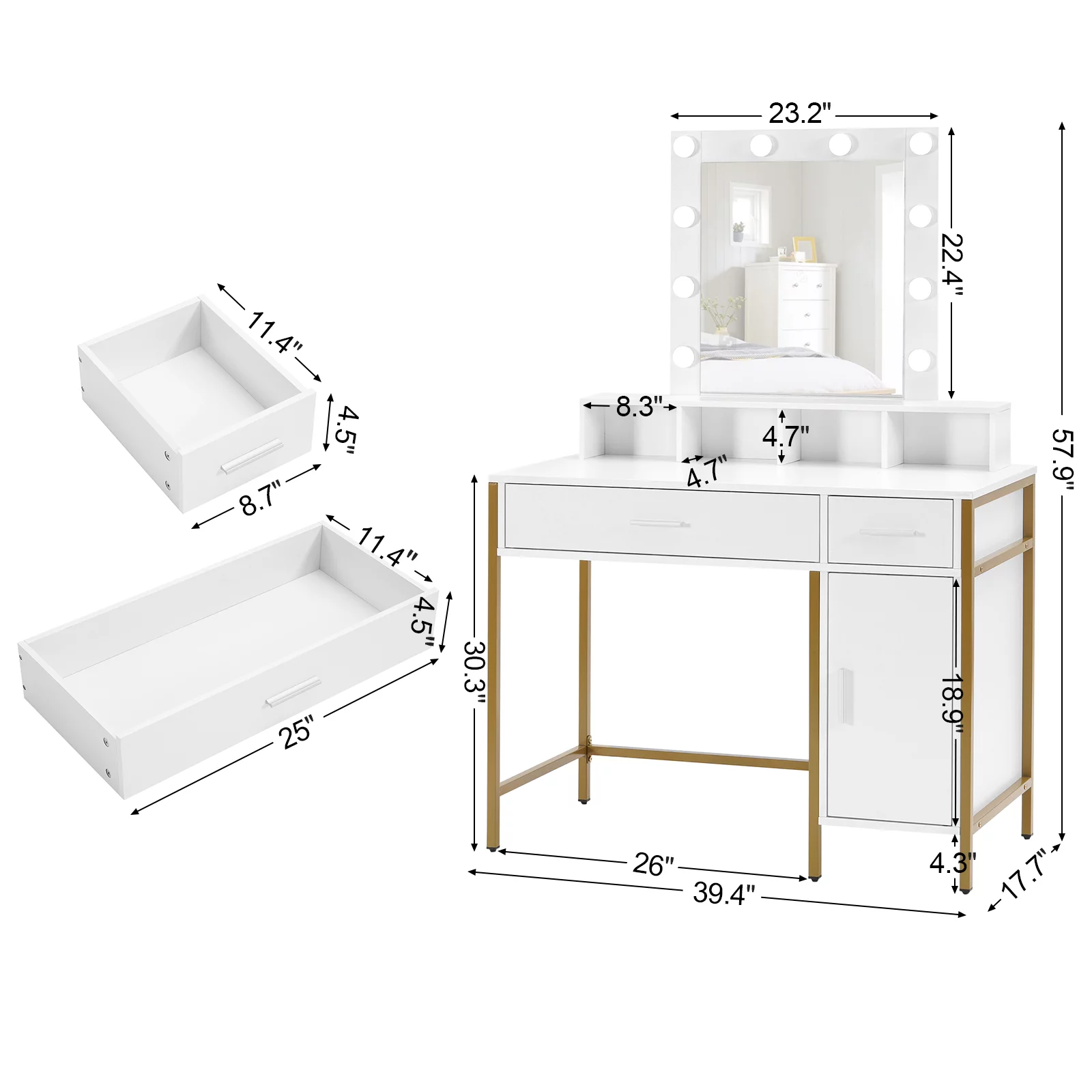 Reettic Vanity Table Set with Lighted Mirror, Makeup Vanity Desk with Storage Cabinet and Drawers, Cushioned Stool, Adjustable Brightness, White RSZT201W