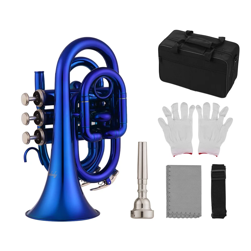 Muslady Mini Pocket Trumpet Bb Flat Brass Material Wind Instrument with Mouthpiece Gloves Cleaning Cloth Carrying Case