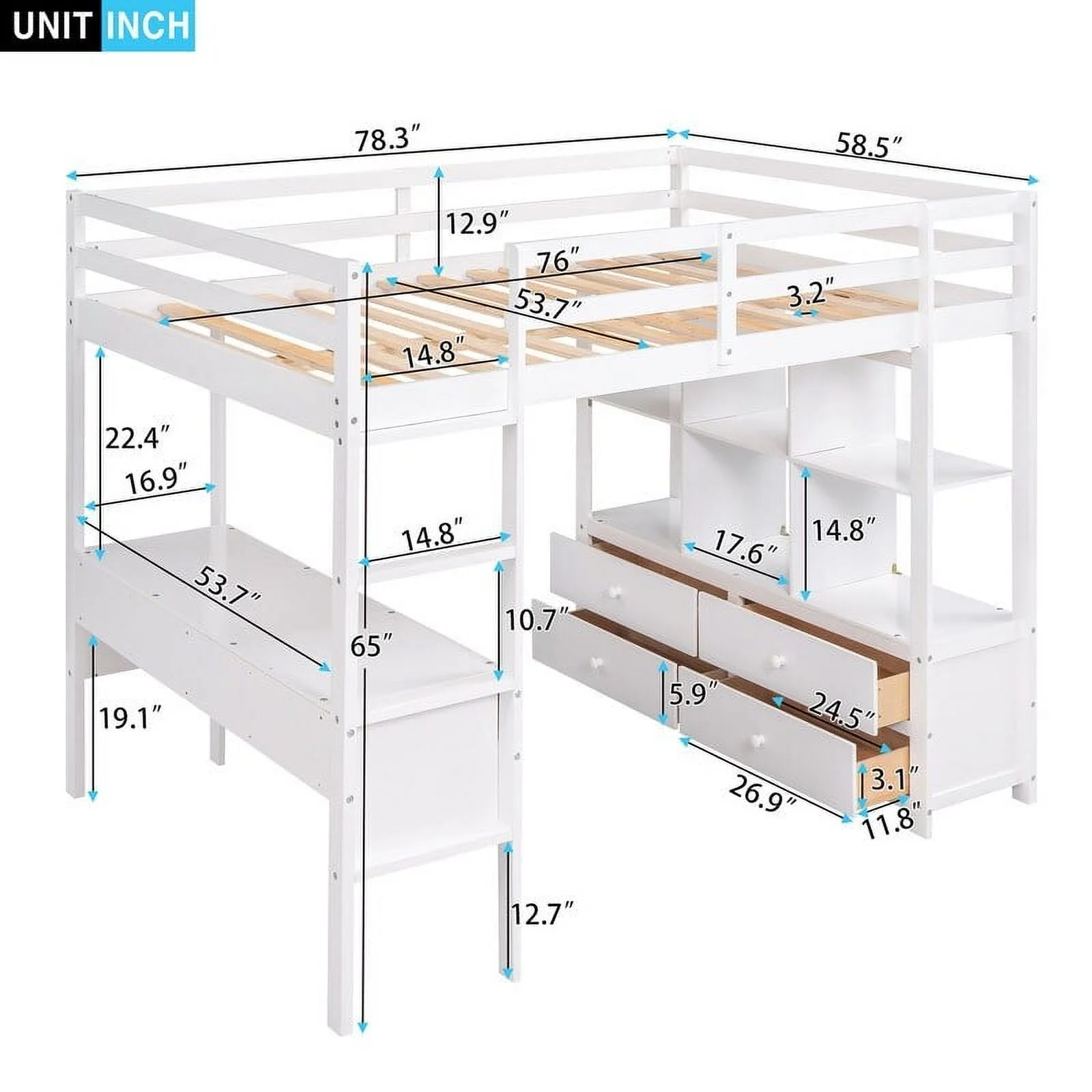 Full Size Wooden Loft Bed with Built-in Desk with Two Drawers, and Storage Shelves and Drawers For Kids White