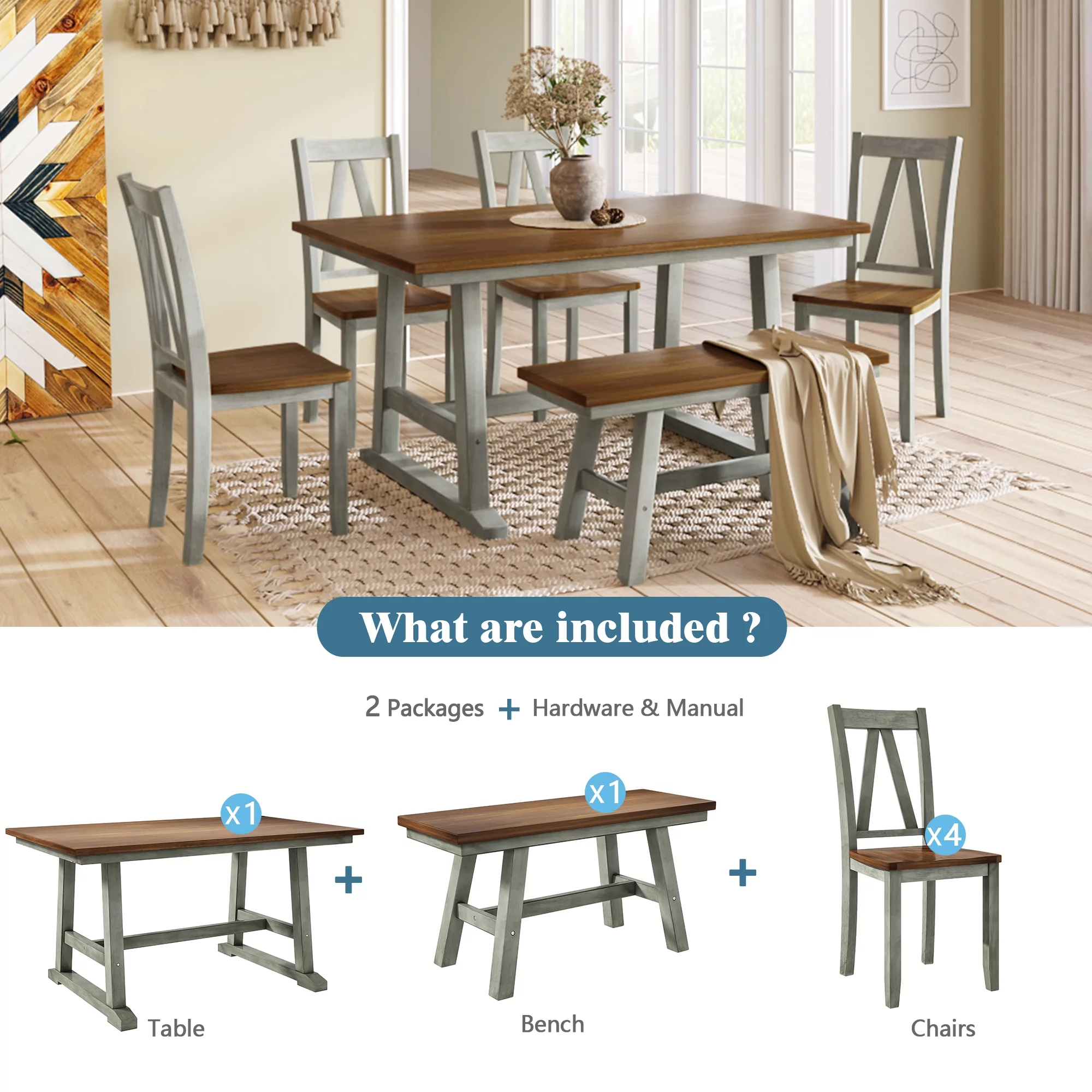 Churanty Wood Farmhouse Dining Table Set for 6 Kitchen Rectangle Table with Long Bench and 4 Dining Chairs, Walnut+Gray