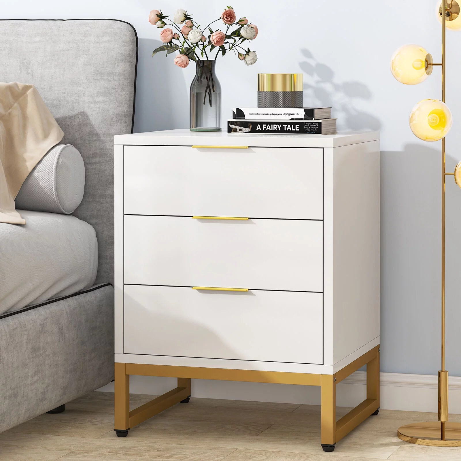 Tribesigns 3 Drawers Nightstand, Living Room White & Gold Side End Table, Bedside Table with Metal Frame