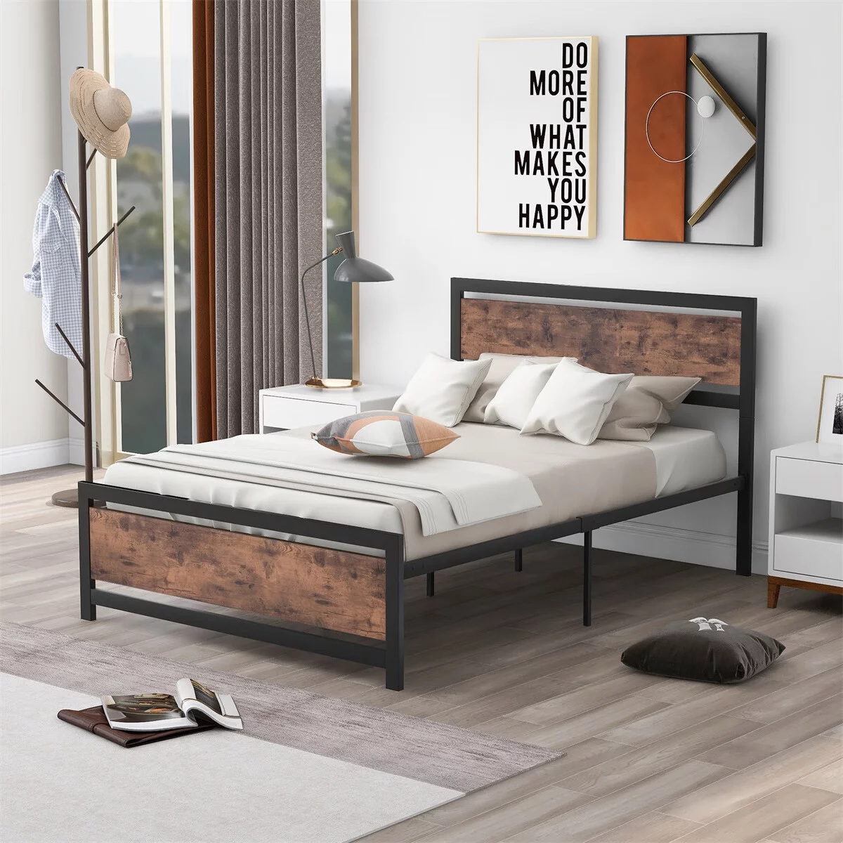 SENTERN Metal and Wood Bed Frame with Headboard and Footboard ,Full Size Platform Bed