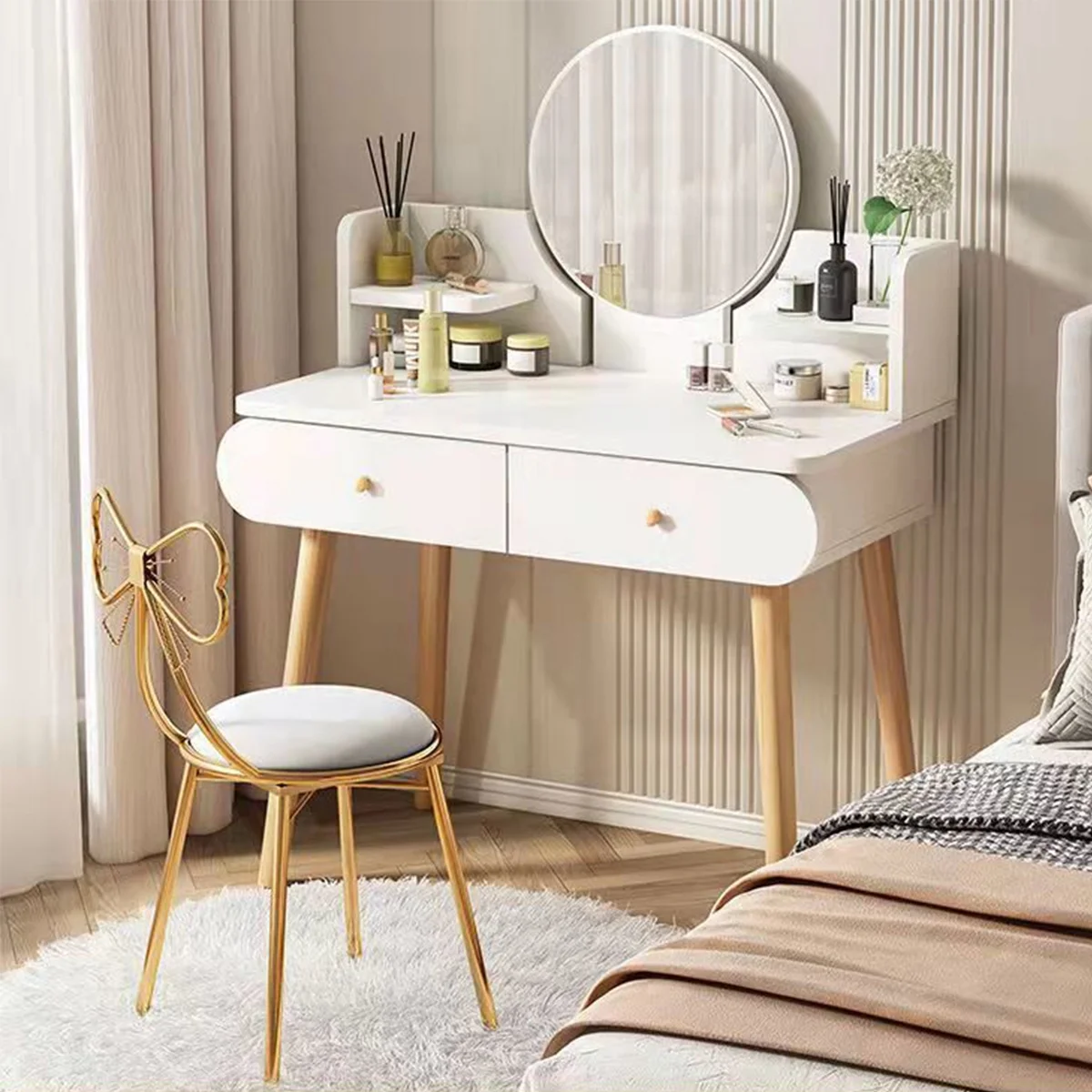 ANJORALA White Vanity Table Set with Mirror, Modern Makeup Vanity Desk Dressing Table with 2 Drawers & 2 Shelves(Without Stool)