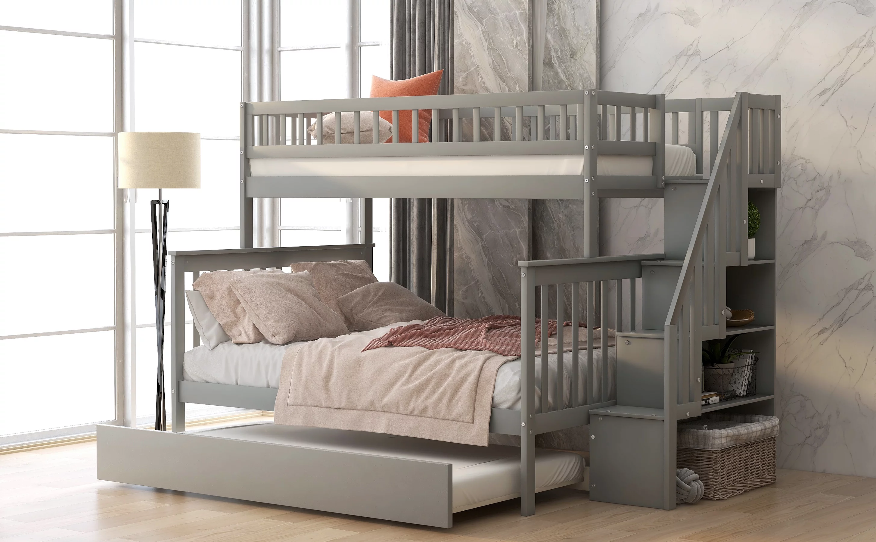 Leadzm Twin over Full Bunk Bed with Trundle and Staircase,Gray
