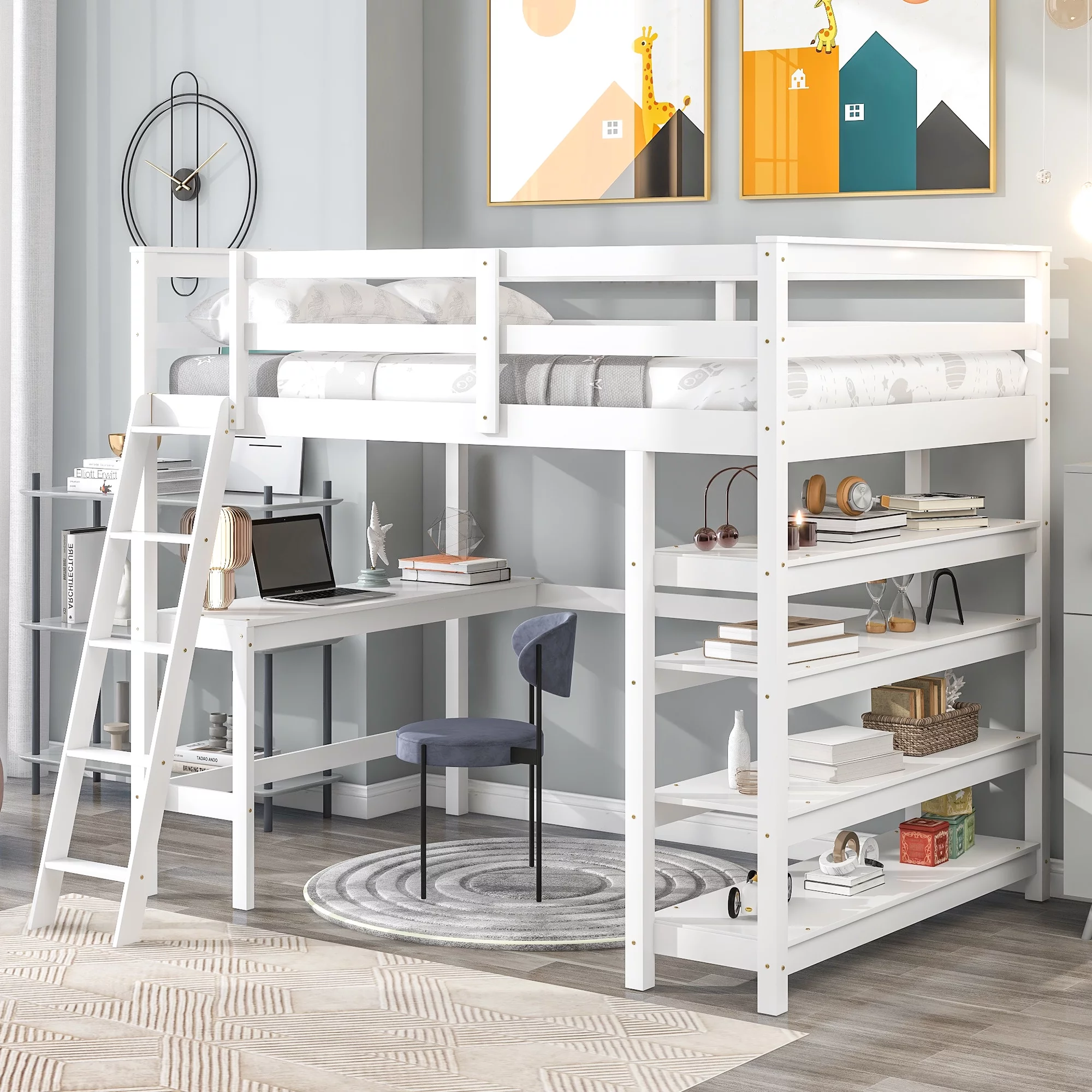 Dcenta Loft Bed Full with desk,ladder,shelves , White,Overall Product Dimension:79.5”x59.1”x68.1”