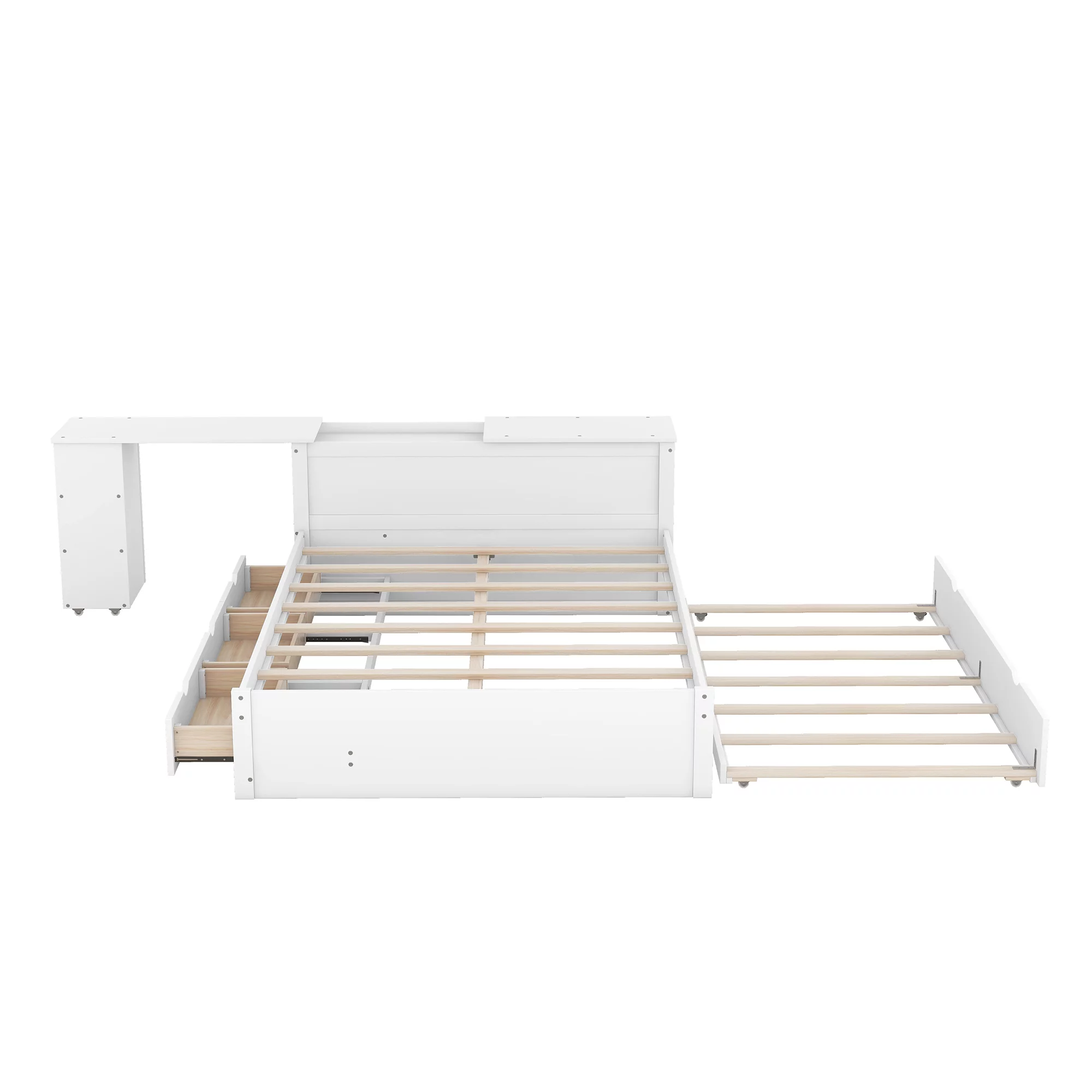 Churanty Full Size Platform Bed Frame with Rolling Desk and Storage Headboard Modern Wood Bed Frame with Trundle and Drawers,White