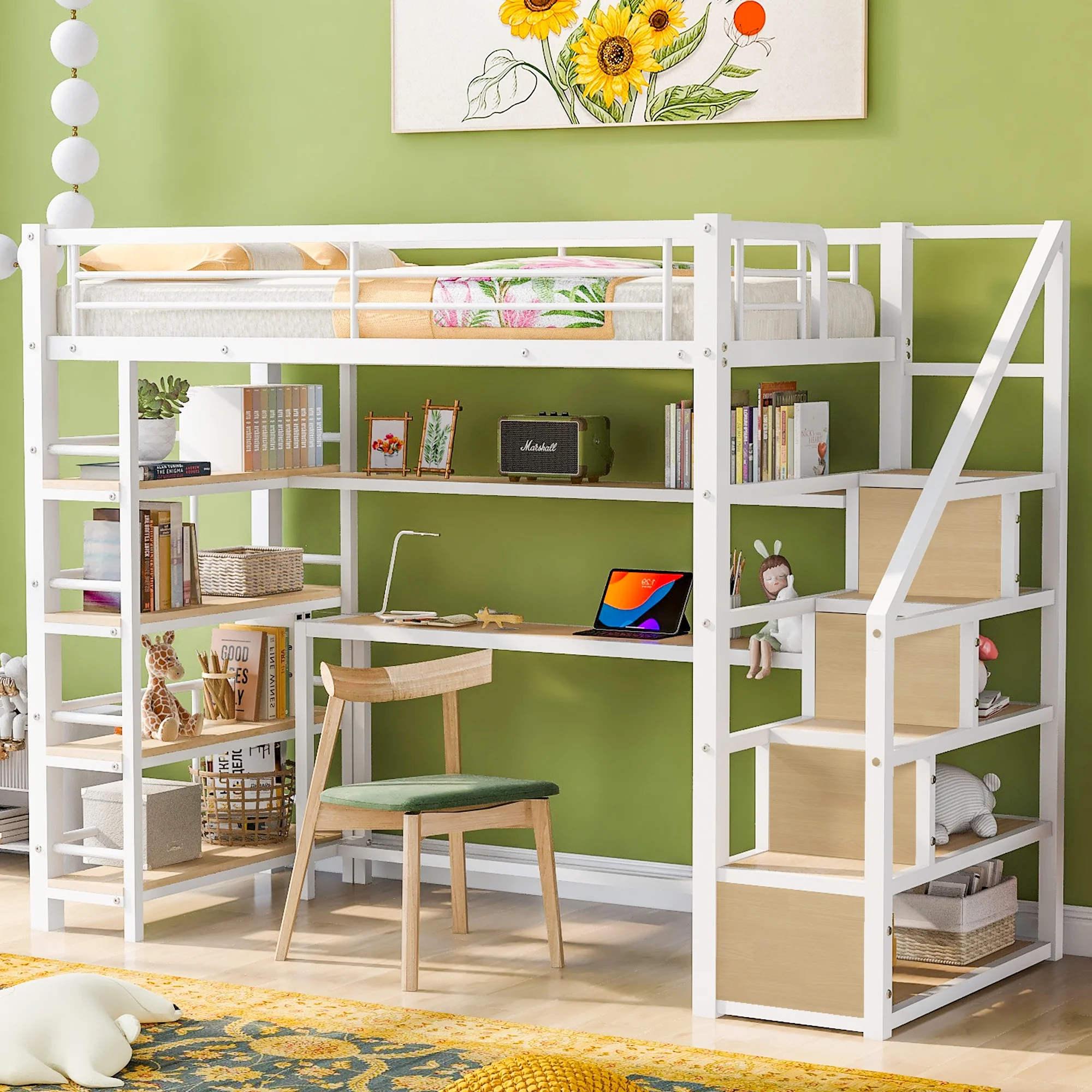 Bellemave Twin Size Metal Loft bed with Stairs and Desk, Heavy-Duty Steel Loft Bed Frame Built-in Storage Shelves, Loft Bed Twin for Kids Teens Adults,White