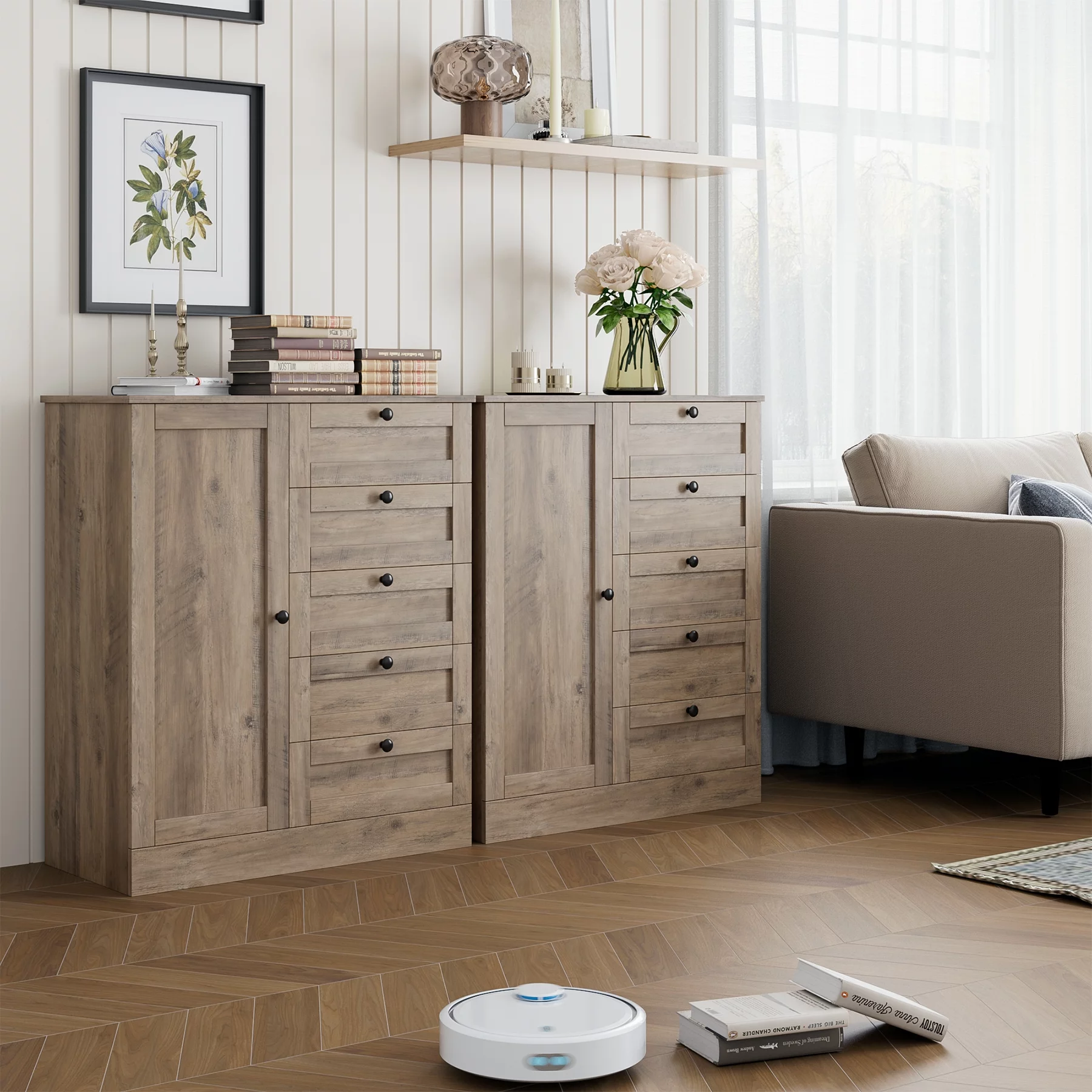 Homfa 5 Drawer Dresser with Door, Modern Chest of Drawers Wood Storage Cabinet for Bedroom Living Room Hallway, Gray