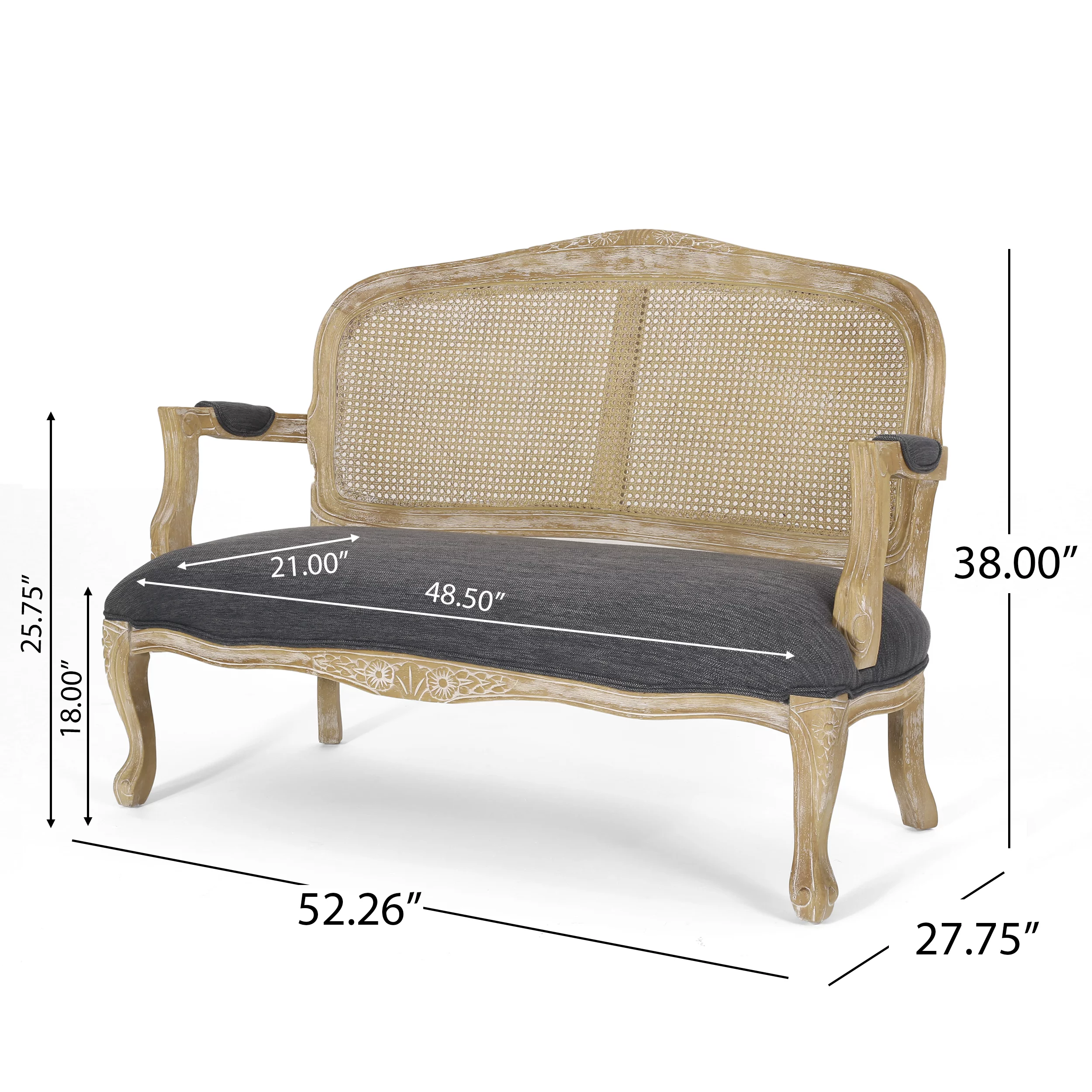 Wistar French Country Wood and Cane Loveseat, Charcoal and Natural