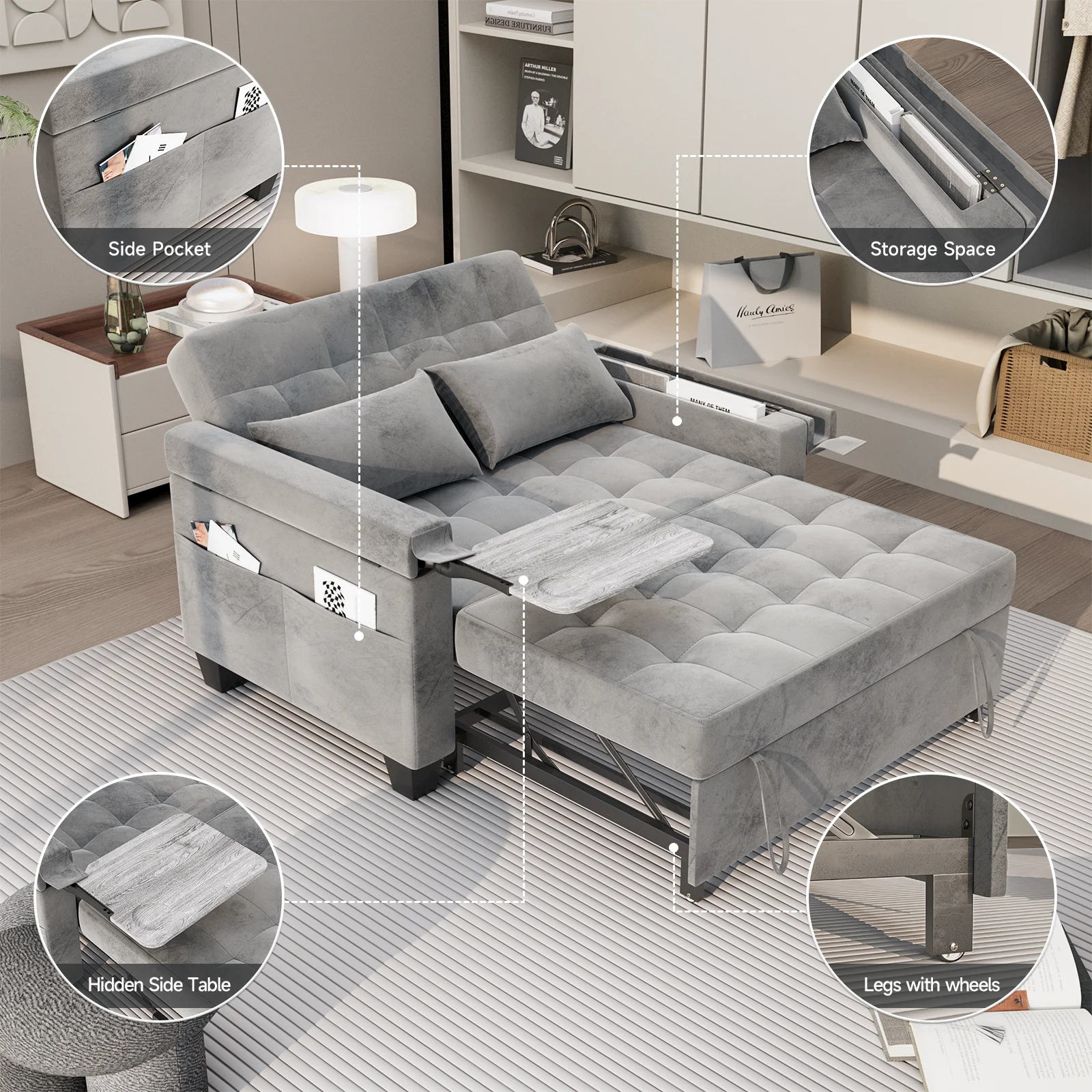 Belord 3-in-1 Convertible Pull Out Sleeper Sofa Bed with Storage Pockets and Side Table, Modern Velvet Loveseat Futon Couch with Adjsutable Backrest & 2 Pillows for Living Room, Bedroom, Grey