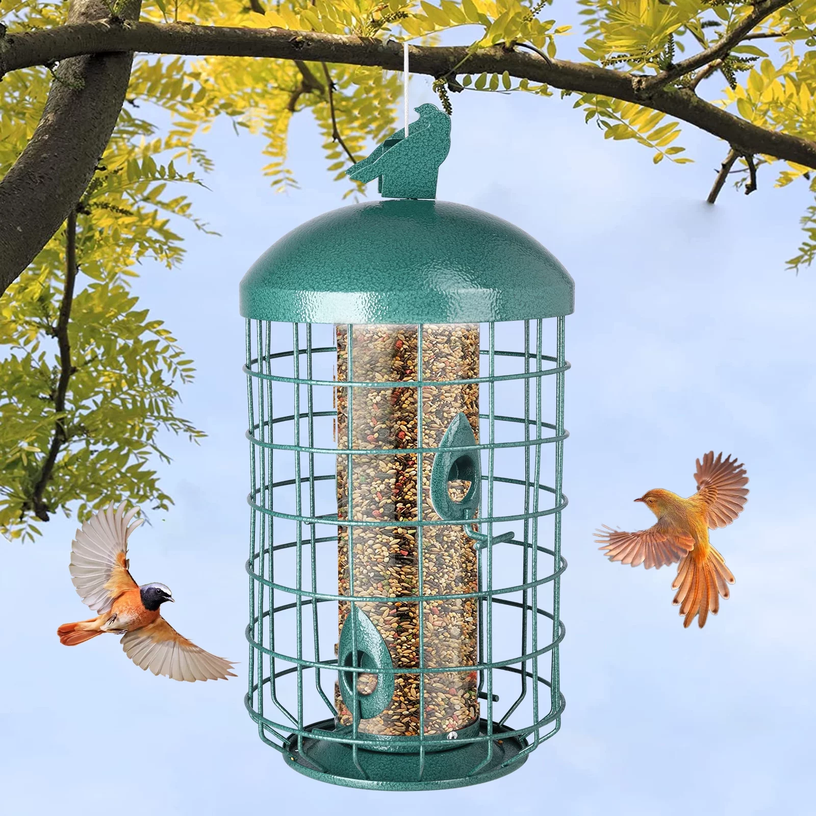 MUMTOP Squirrel Deterrent Green Bird Feeders for Outdoors Hanging, 2.73 lb Large Capacity, Caged Tube Wild Bird Feeder – Premium Grade Steel, Chew-Proof and Weather Resistant