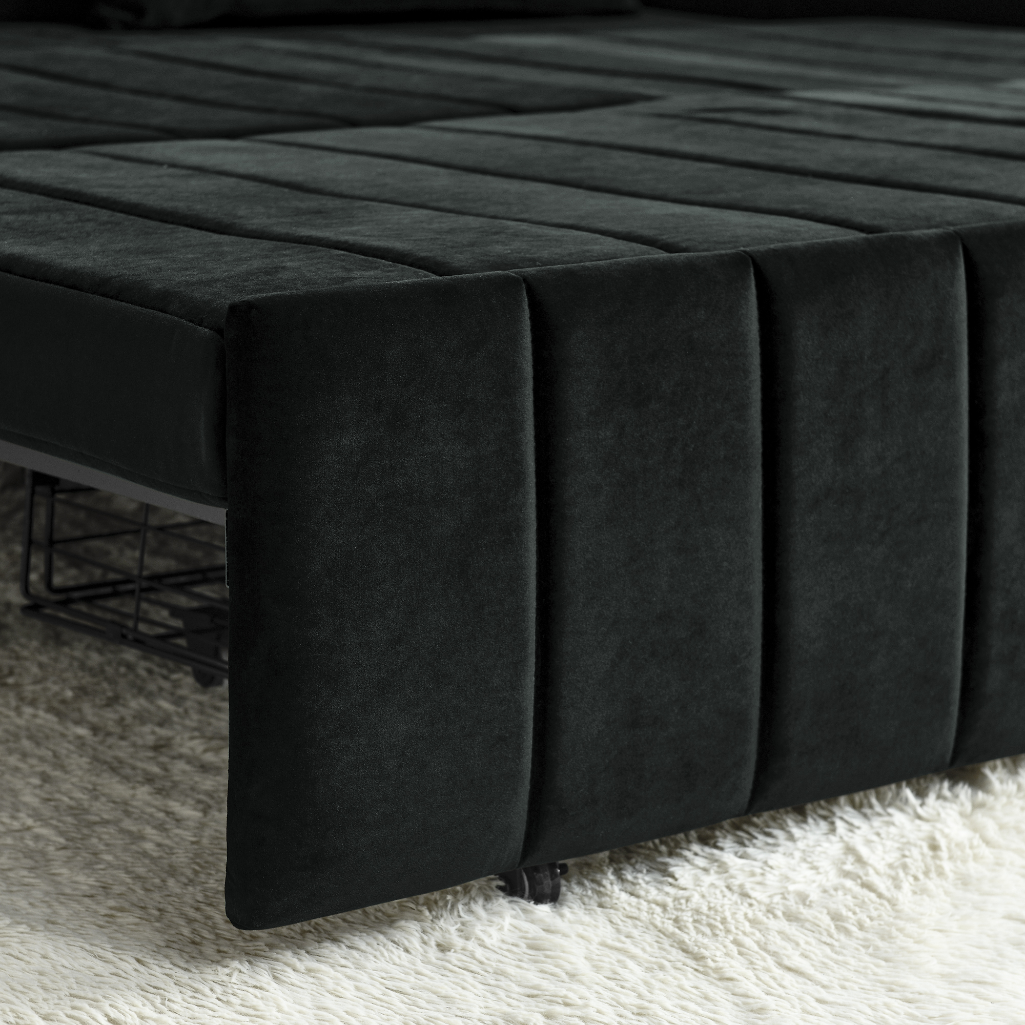 3-in-1 Convertible Sleeper Sofa Bed,Pull-Out Bed Sleeper with Rolled Arms Decorated with Copper Nails,Modern Upholstered 3 Seats Sofabed with Two Drawers and Two Pillows,Black