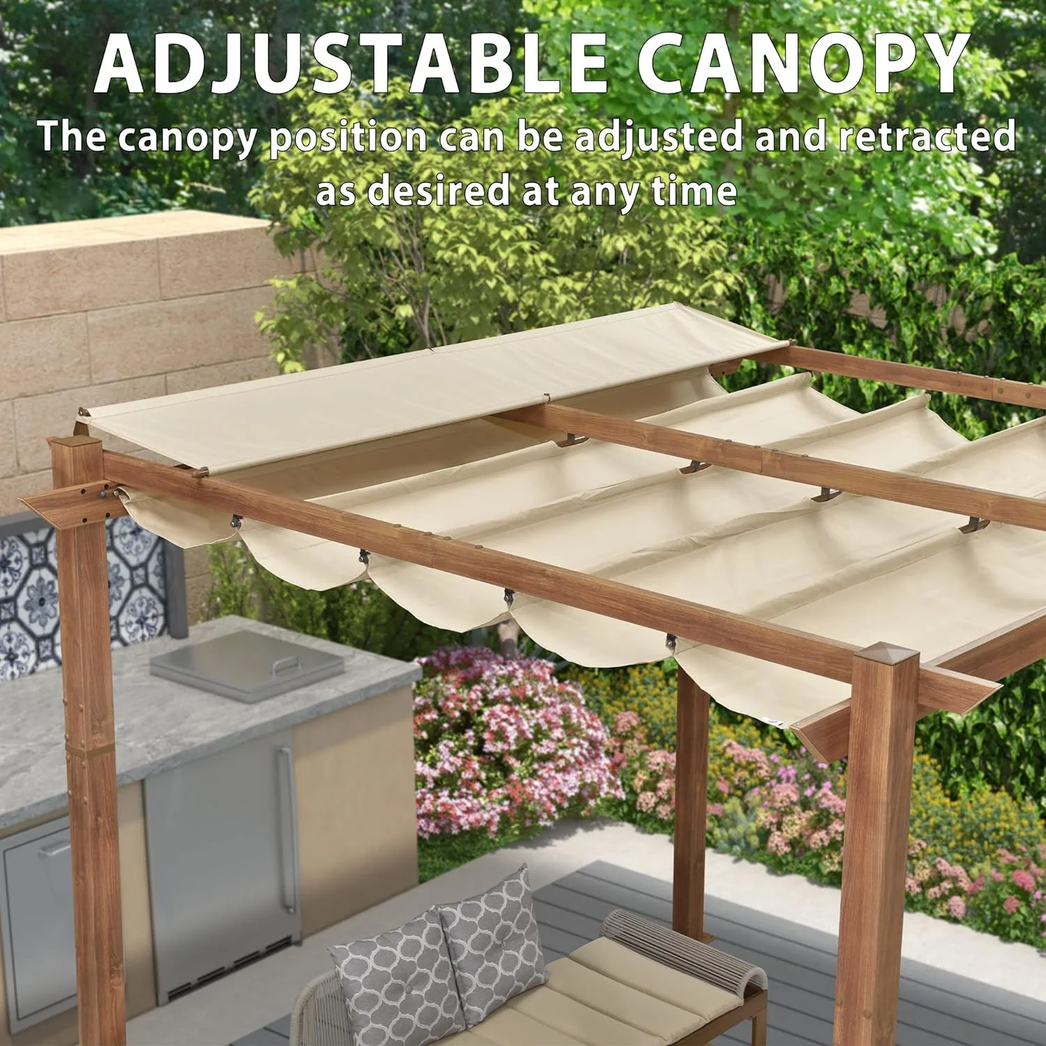 PURPLE LEAF 10' x 10' Outdoor Retractable Pergola with Sun Shade Canopy Patio Metal Shelter for Garden Porch Beach Pavilion Natural Wood Grain Aluminum Frame Modern Yard Grill Pergola, Beige