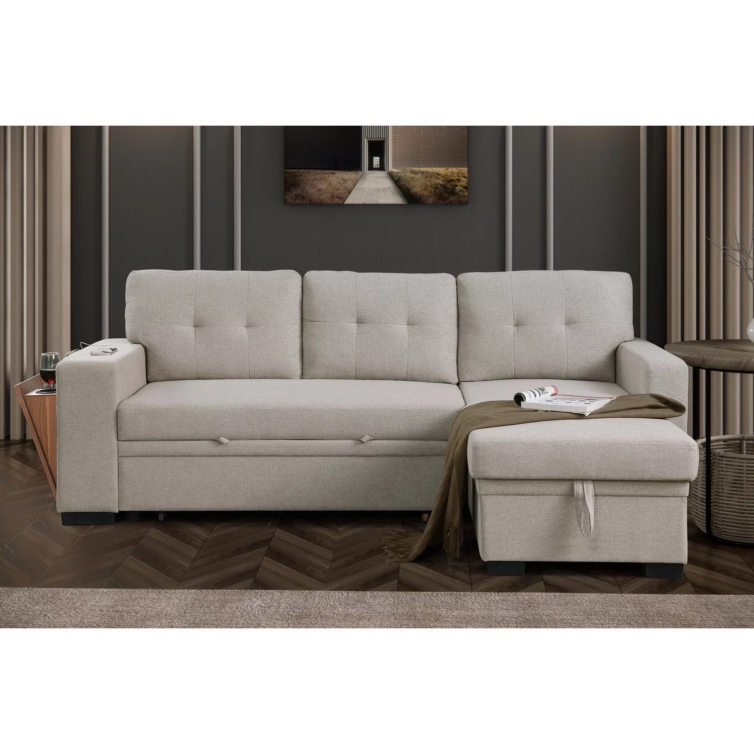 Devion Furniture Fabric Reversible Modern Side Compartment Sleeper Sectional Sofa Bed-Light Gray