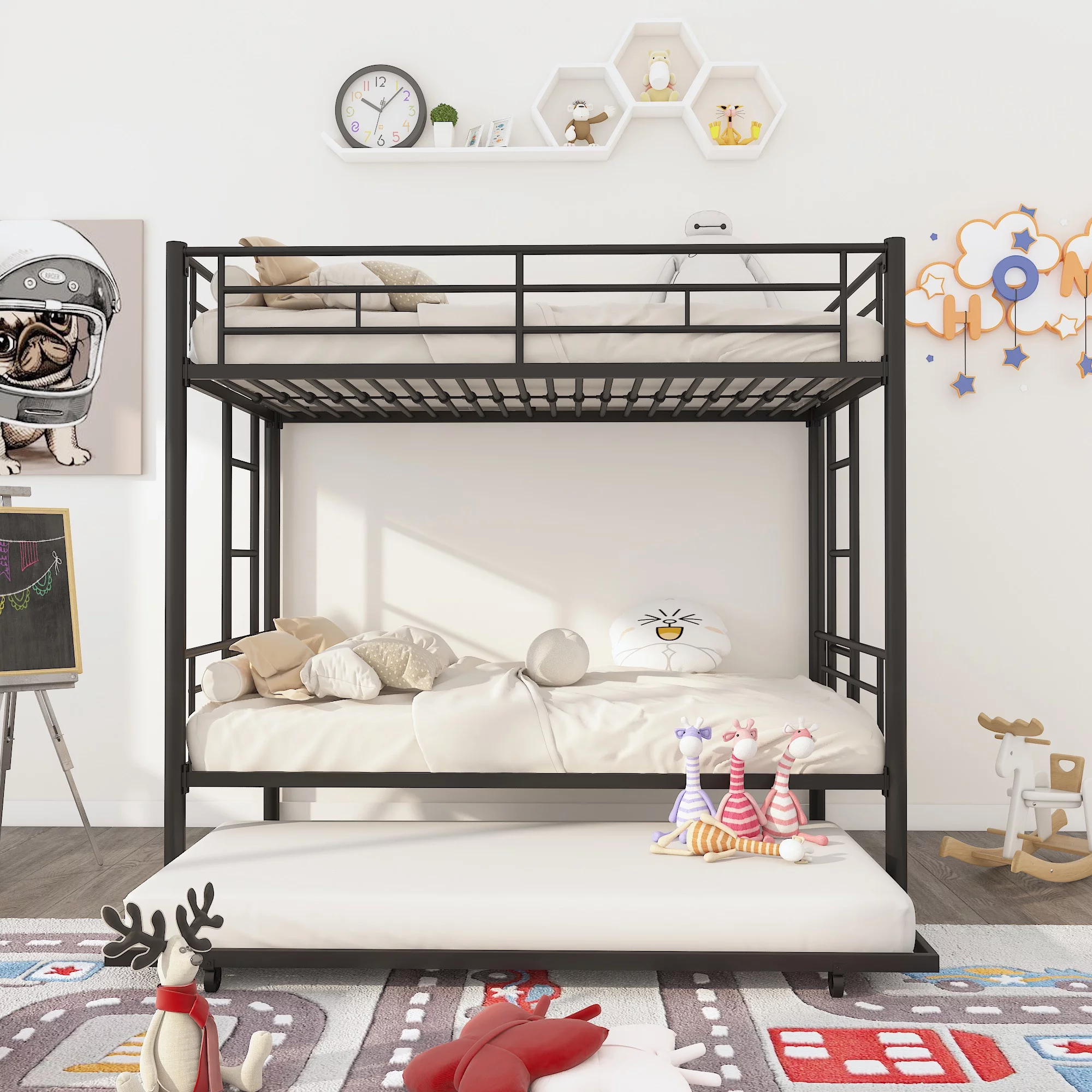 Heavy Duty Metal Bunk Bed Frame with Trundle - Twin Over Twin, Convertible - 3 beds