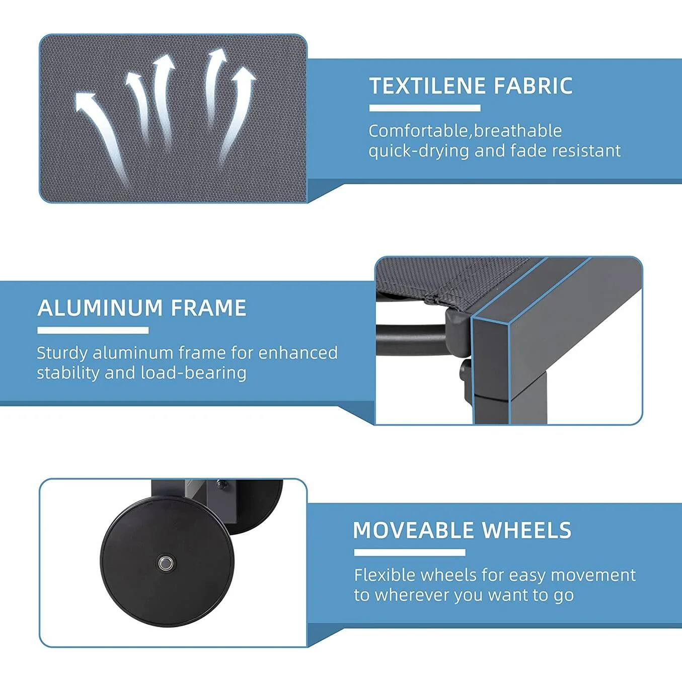 Futzca  2 PCS Outdoor Chaise Lounges Chair with Wheels and 5 Adjustable Position Dark Grey