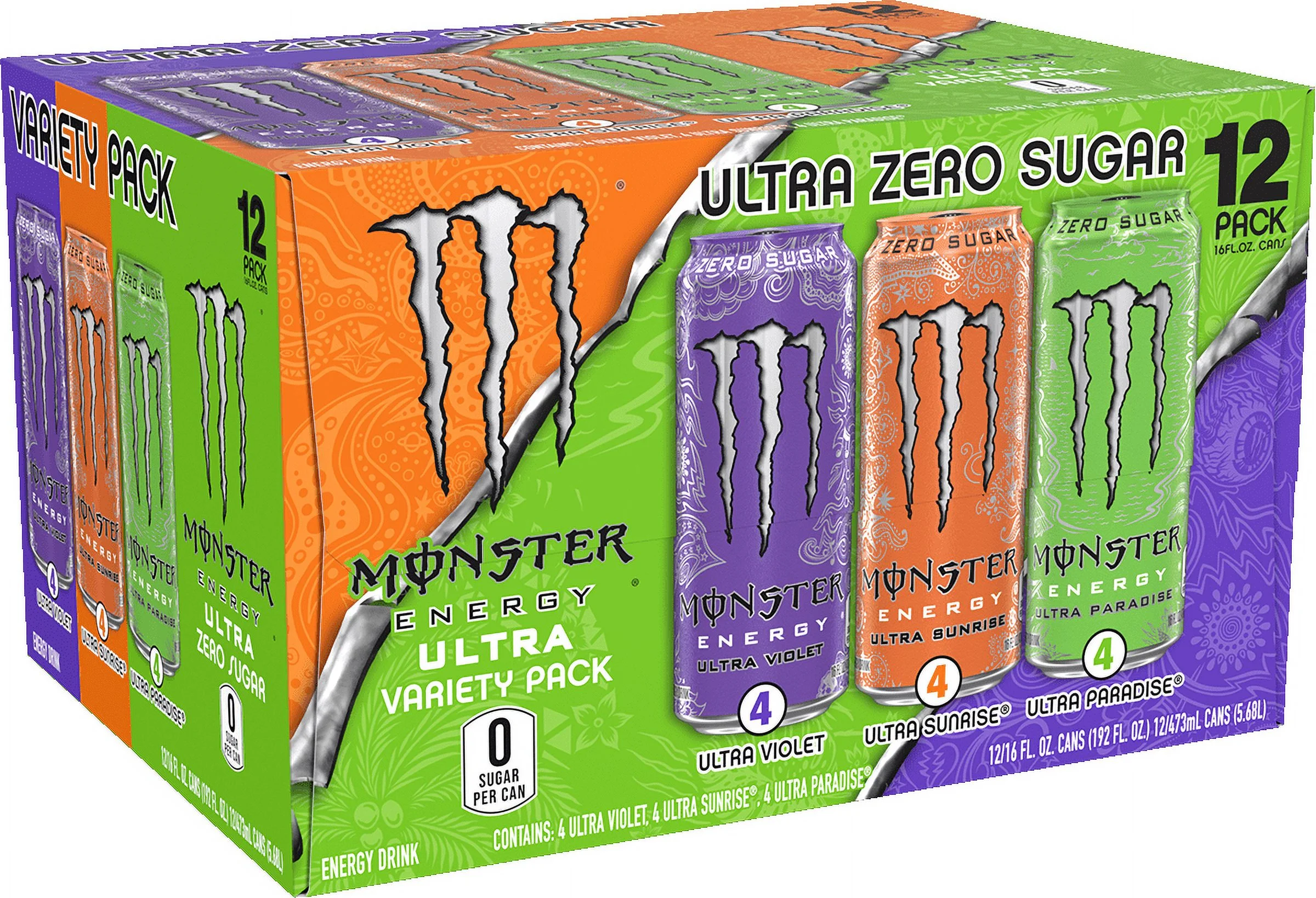 (12 Cans) Monster Ultra VP, Ultra Sunrise, Ultra Violet, Ultra Paradise, 16 fl oz, 12 Pack