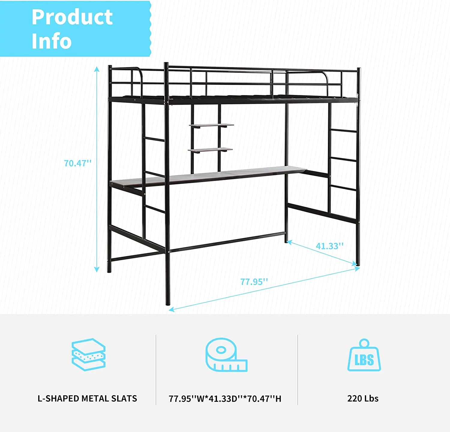 Cuoote Twin Size Metal Loft Bed with Desk, 2 Storage Shelves, Safety Ladder, and Guard Rail, Space-Saving Design, No Box Spring Needed, Black