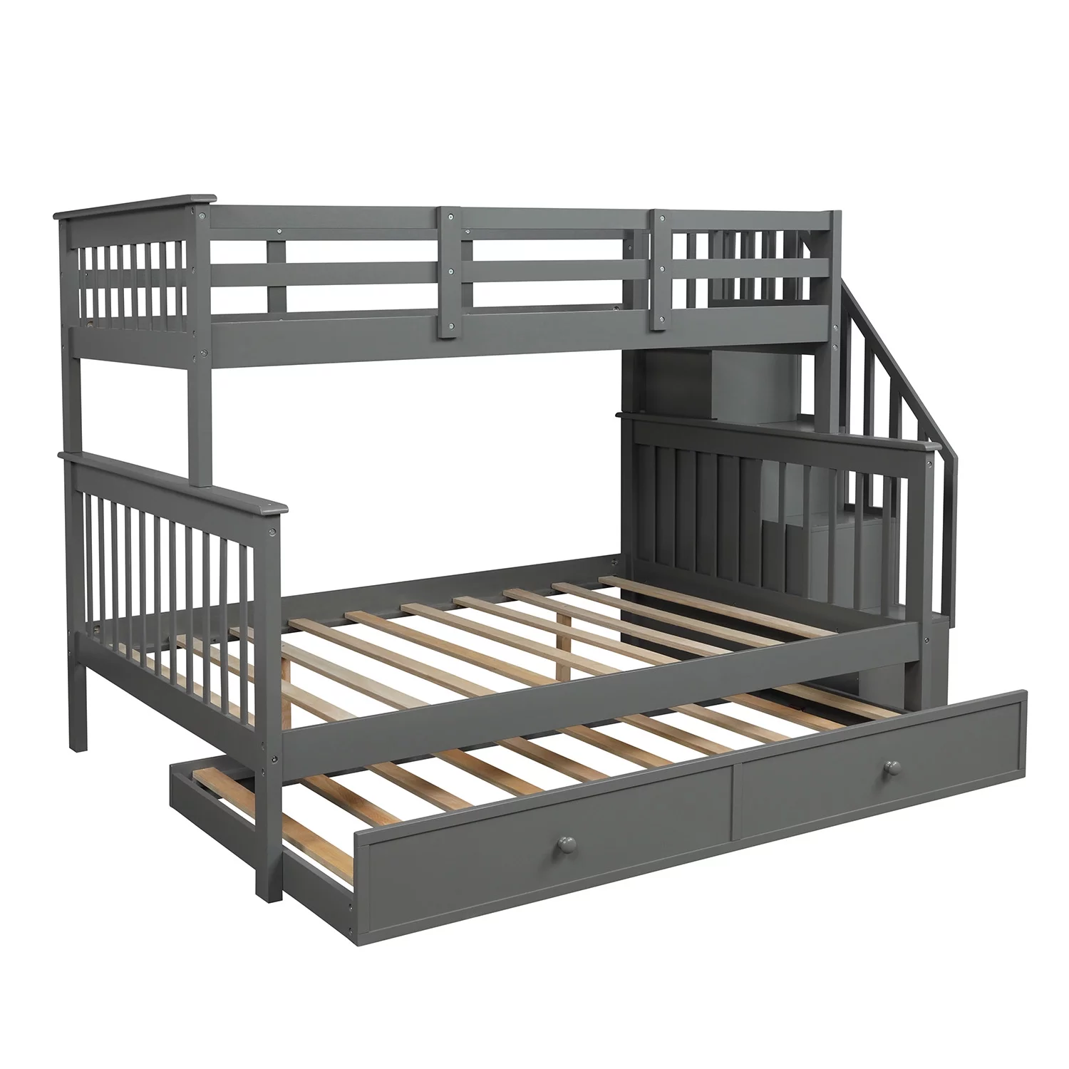 Stairway Solid Wood Twin Over Full Bunk Beds with Twin Size Trundle, Storage and Guard Rail Kids Bunk Beds