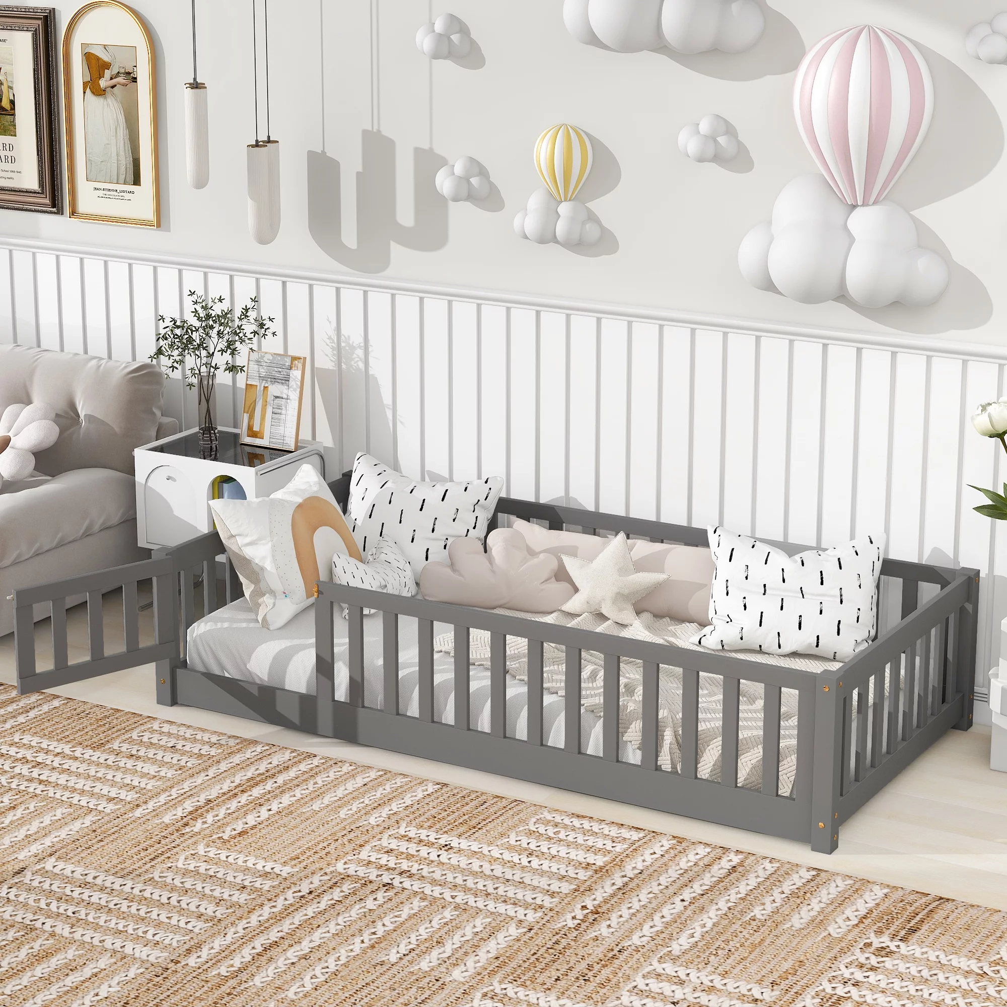 PAPROOS Twin Size Floor Platform Bed with Fence and Door, Solid Wood Playhouse Bed for Kids, Toddlers, Boys, Girls, No Box Spring Needed, Montessori Bed Frame with Support Slats, Twin Bed Frame, Gray