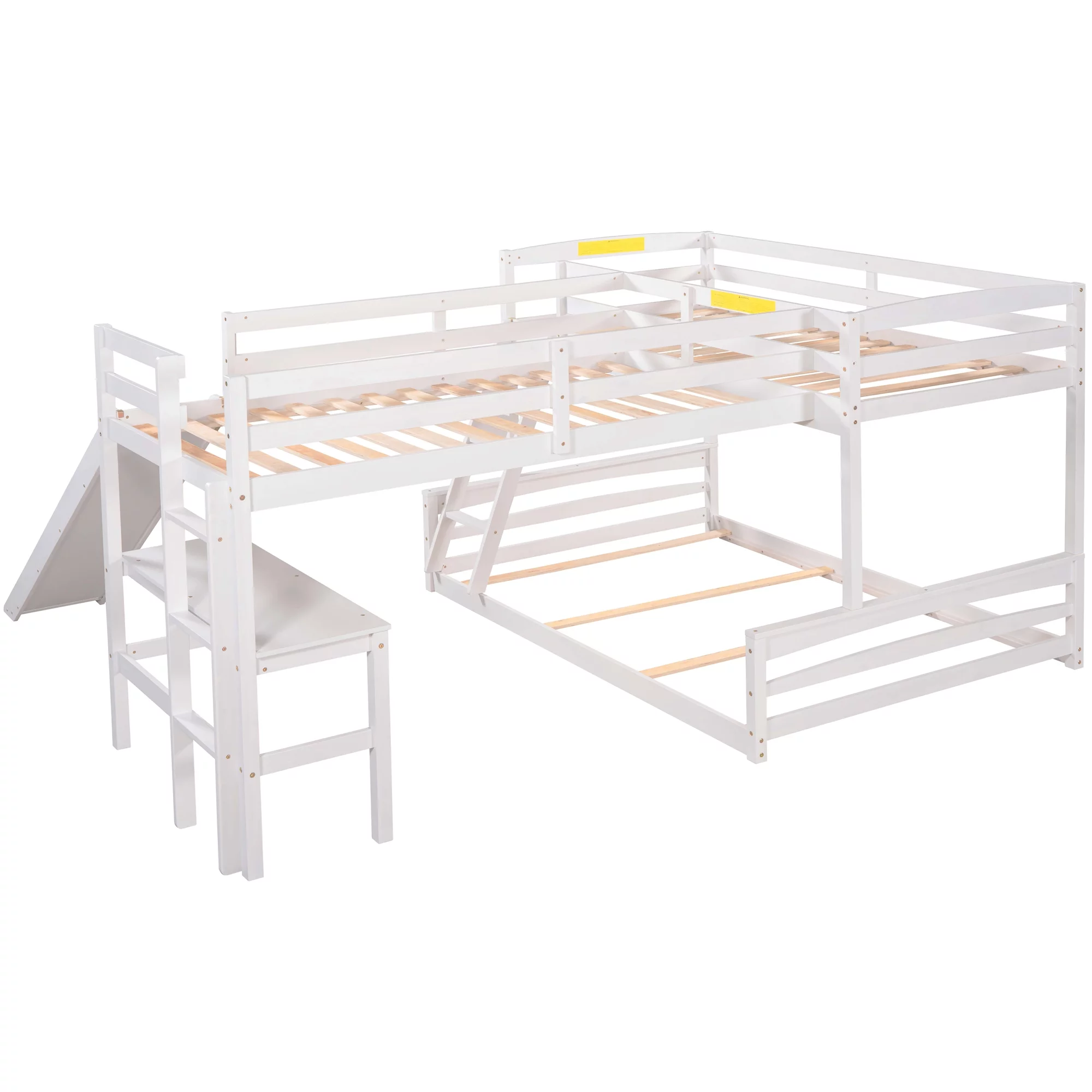 L Shaped Bunk Bed with Desk and Slide, Full-Length Guardrail, Wooden Twin over Full Bunk Corner Bed for Kids Teens Adults, 3 Beds in 1(White)