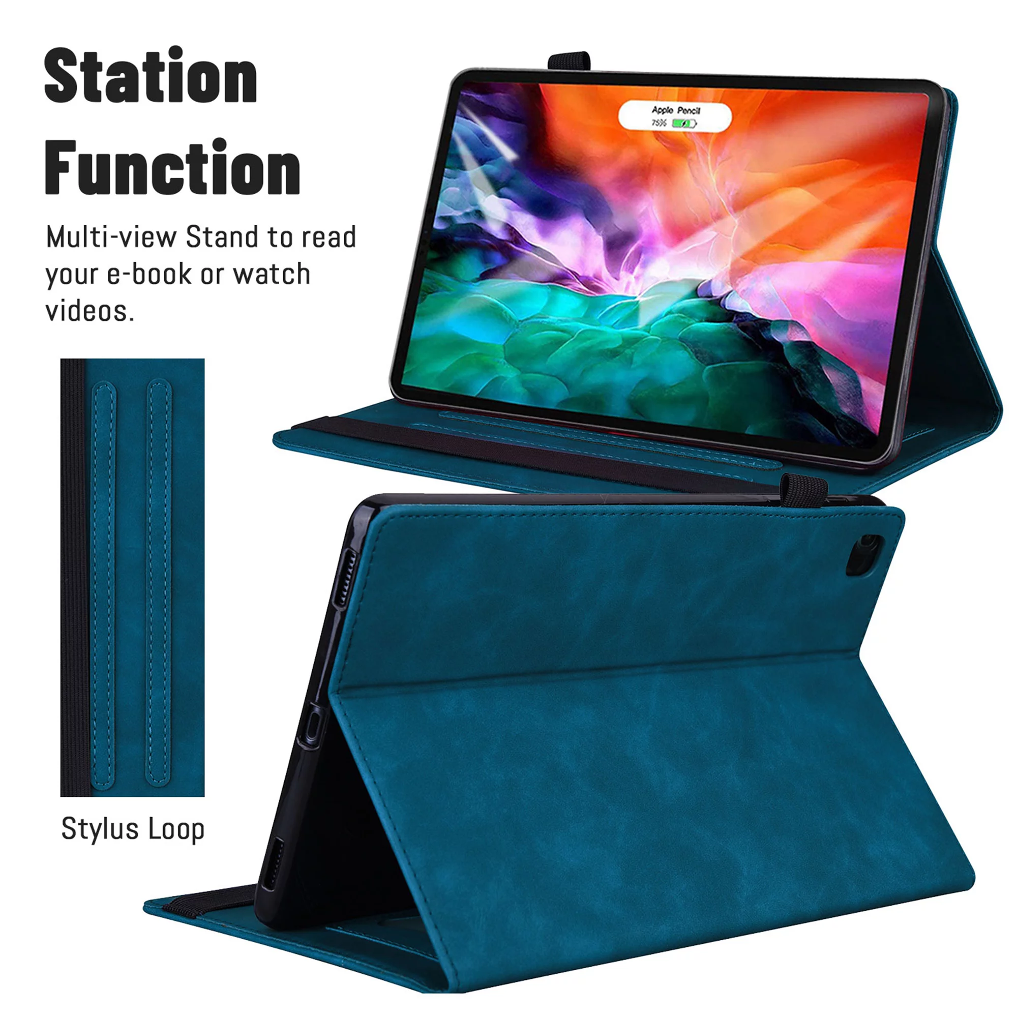 iPad Pro 12.9 2022 Case 6th/5th/4th/3rd Generation Case, Dteck PU Leather with Front Pocket Strap Multiple Viewing Angles Stand Folio Cover with Auto Wake Sleep, Built-in Card Slots, Blue