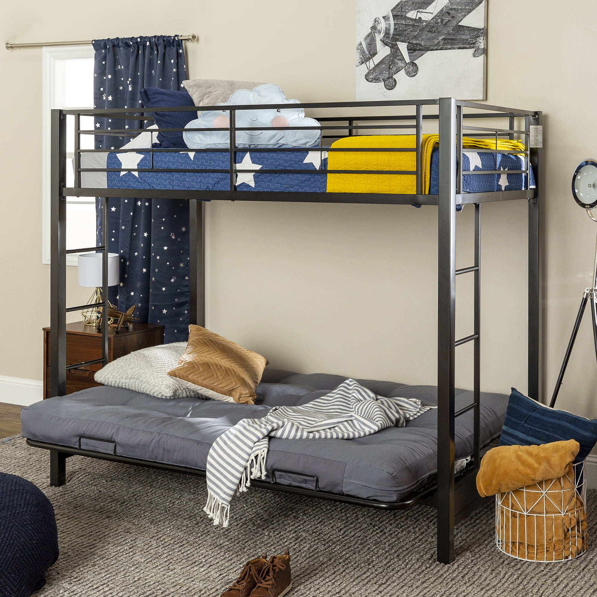 Walker Edison Premium Metal Twin Over Futon Bunk Bed - Black, Mattresses Not Included