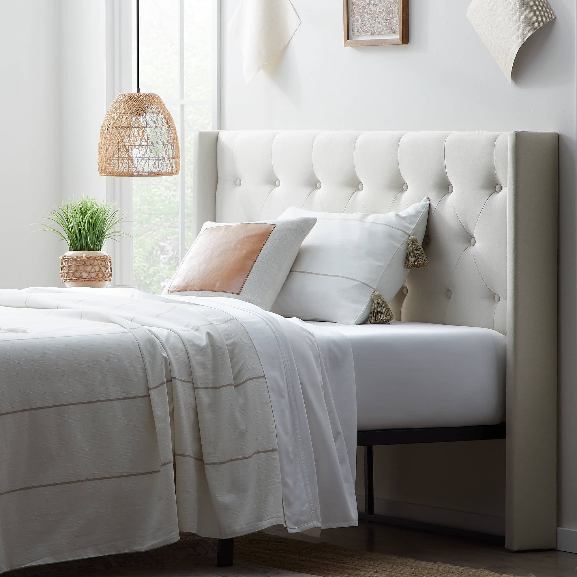 Rest Haven Button Tufted Upholstered Headboard, Queen, Cream