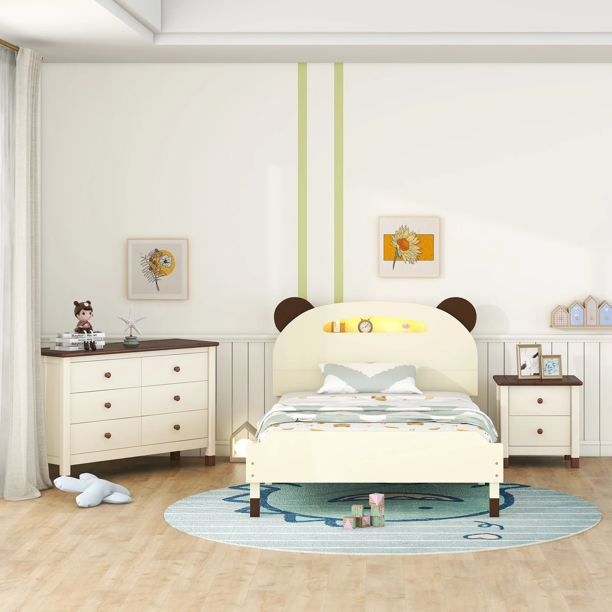 CoSoTower 3-Pieces Bedroom Sets Twin Size Bear-Shape Platform Bed with Nightstand and Storage Dresser,Cream+Walnut