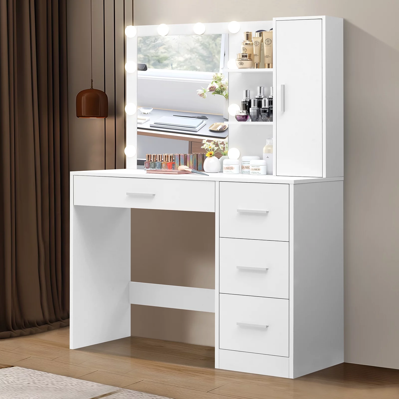 USIKEY Makeup Vanity with Lighted Mirror, Vanity Desk with 4 Drawers and Open Shelves for Bedroom,White YSZT036WD