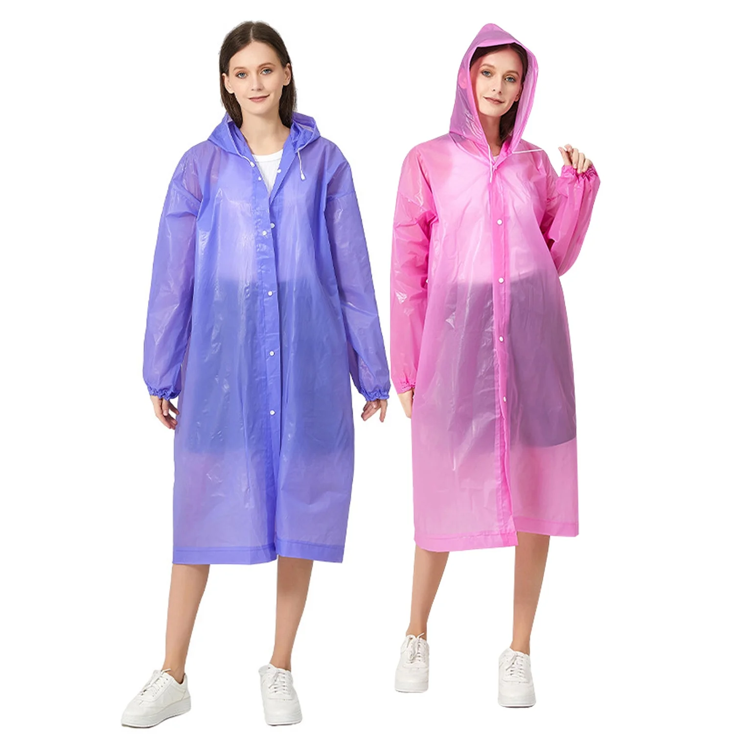 Raincoat Waterproof Rain Coat Poncho Long Rain Jackets Lightweight with Drawstring Hood for Men Women (Pink 1 pack + Purple 1 Pack)