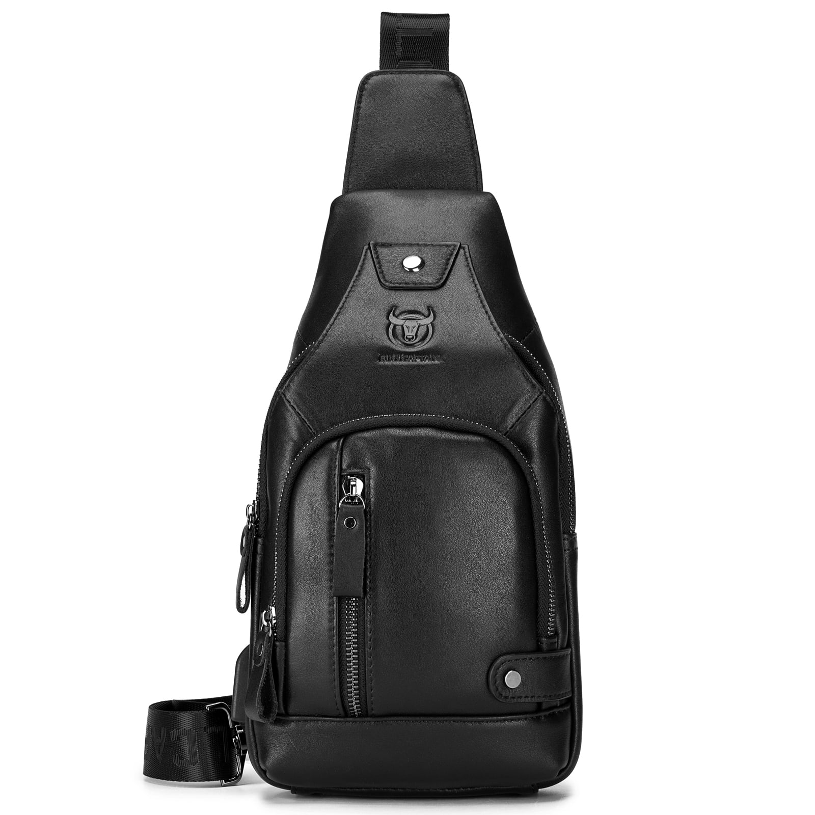 BULLCAPTAIN Men Leather Sling Bag Casual Shoulder Chest Crossbody Bag Hiking Travel Daypack with USB Charging Port