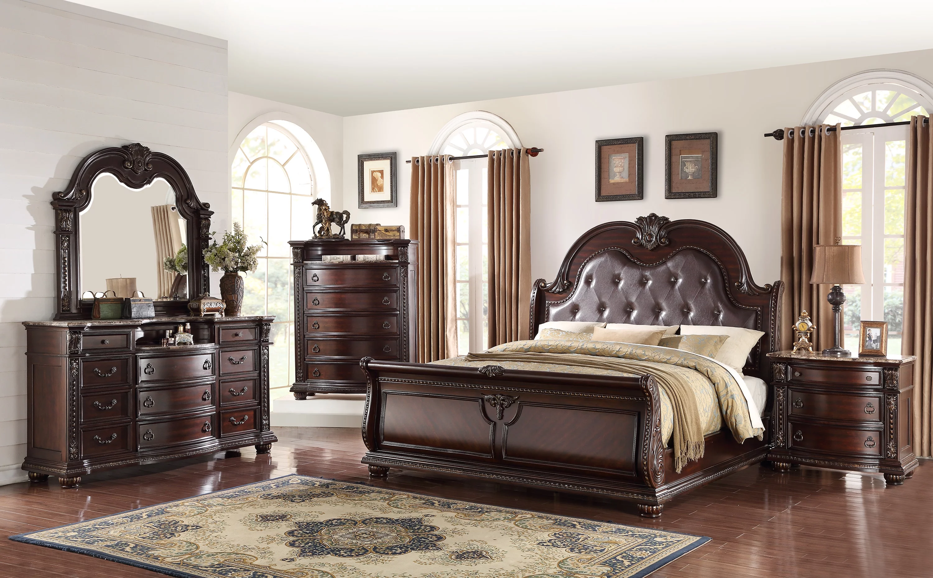 Bili Cherry Brown Upholstered Sleigh Bedroom Set Special Queen 3 Piece: Bed, 2 NightStands