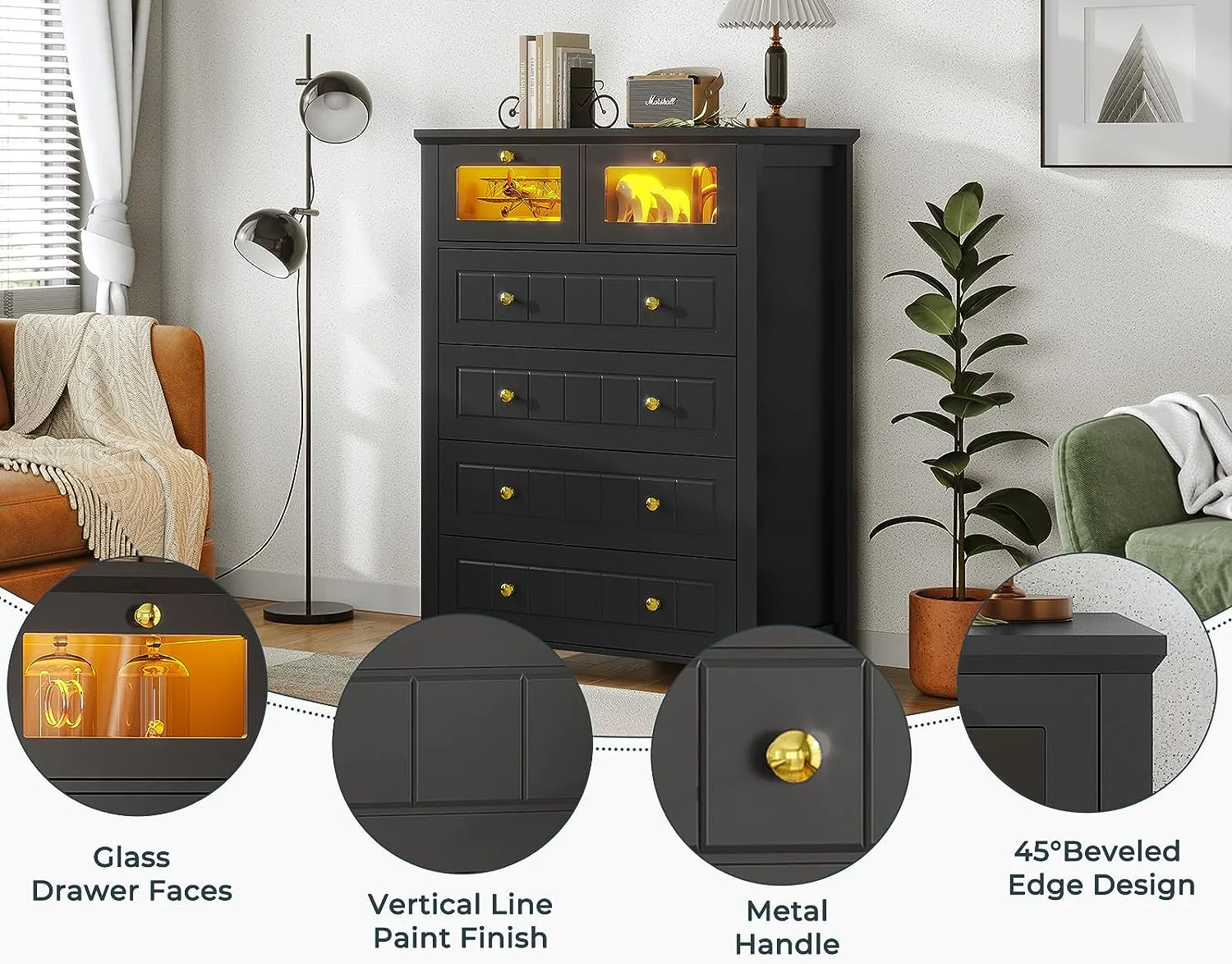 AOGLLATI Black Dresser for Bedroom with Led Light, 6 Drawer Dresser with Milled Grooves Design, Tall Led Dresser for Bedroom Closet