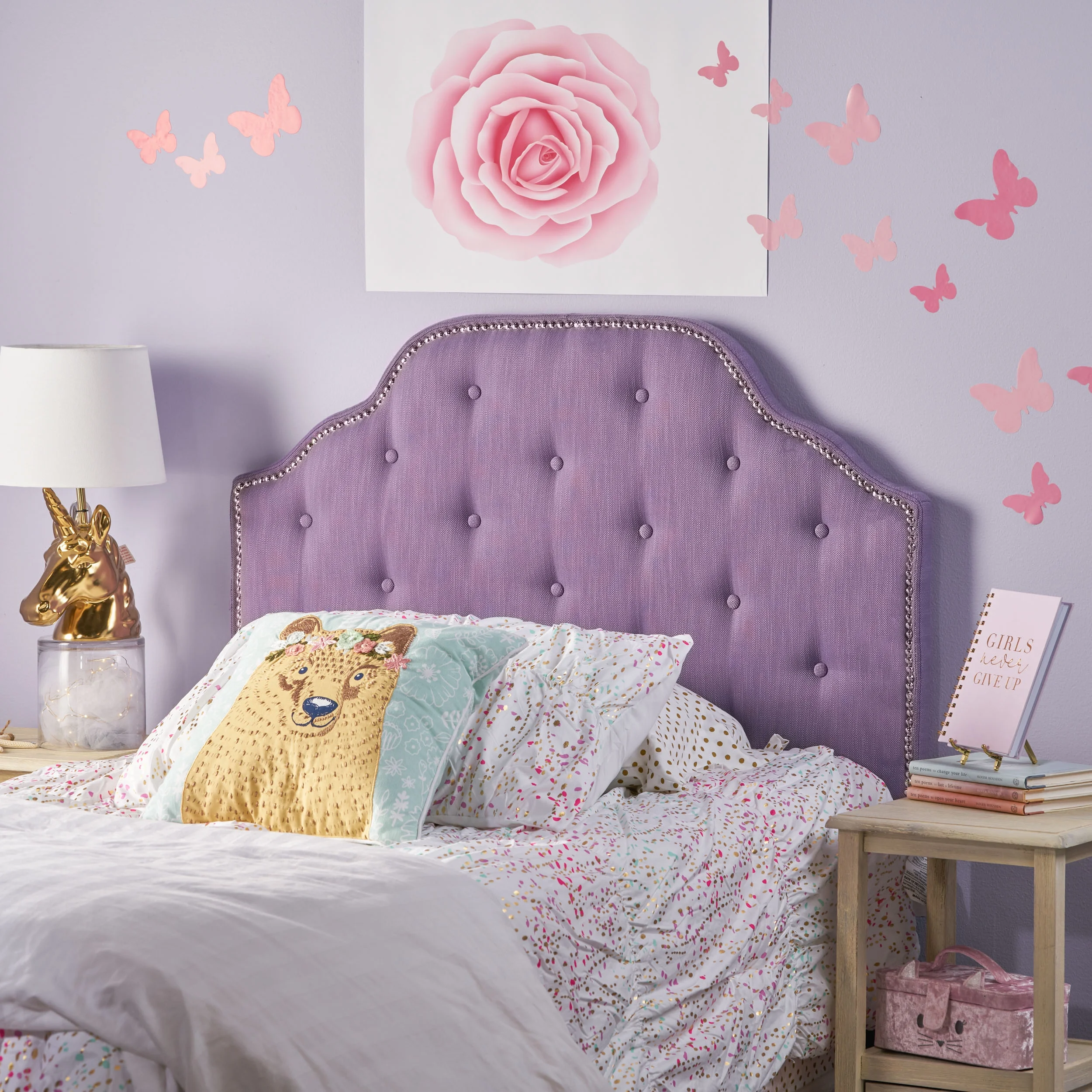 Noble House Kathleen Twin Fabric Tufted Kid's Headboard, Light Purple