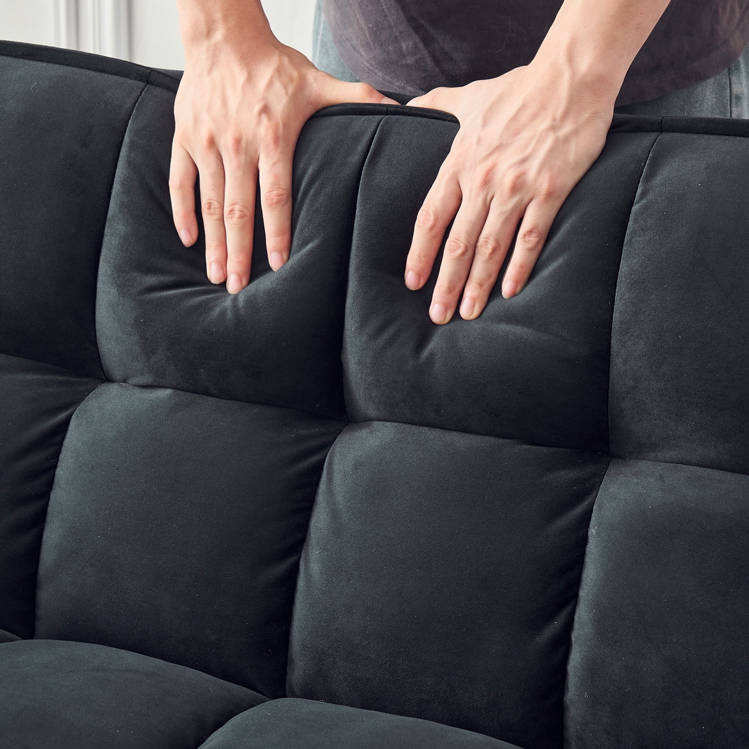 Tzicr 55.5'' 3-in-1 Convertible Sleeper Sofa Bed, Modern Velvet Loveseat Futon Couch Pullout Bed with Adjustable Backrest, Side Storage Pockets and Pillows. (Black)