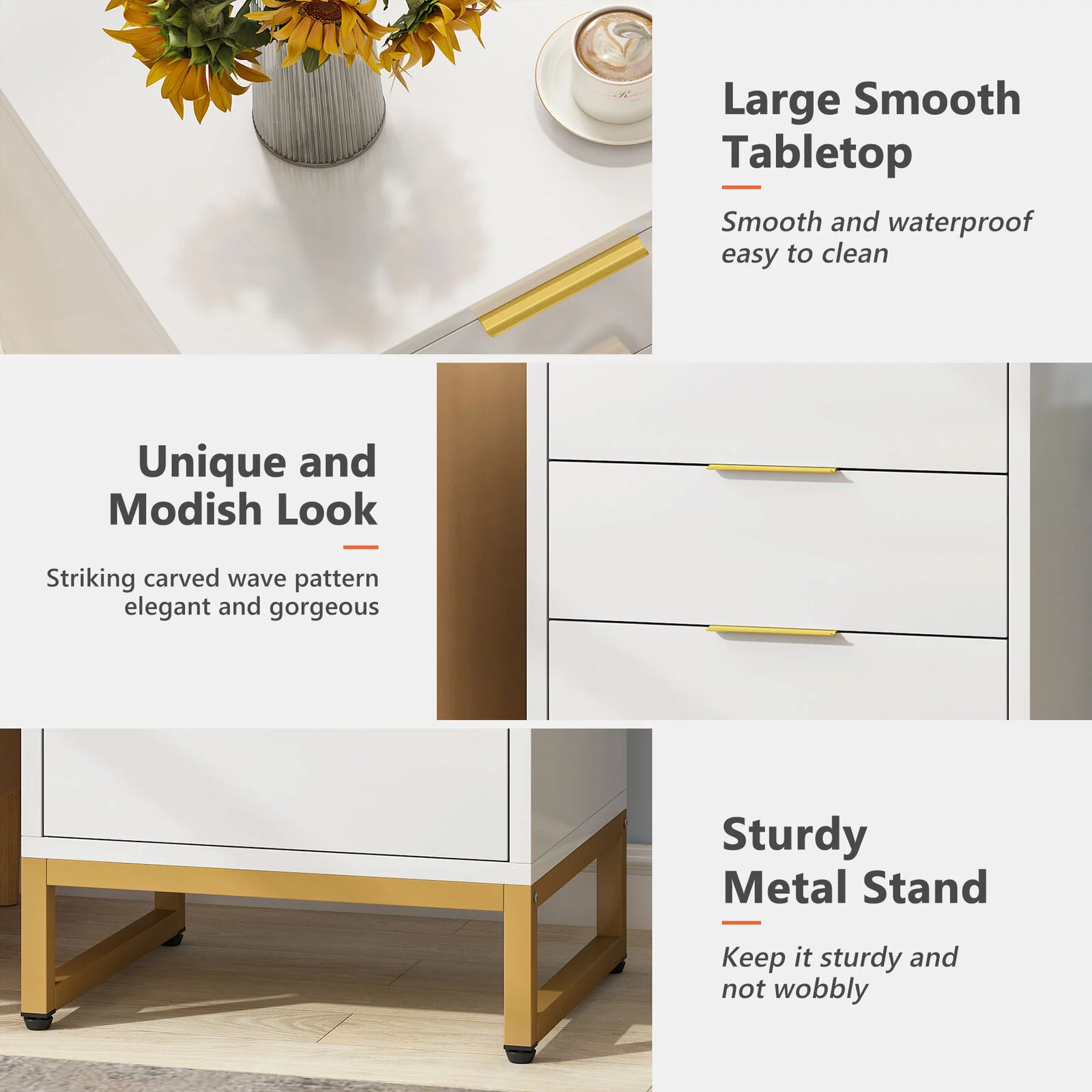 Tribesigns 3 Drawers Nightstand, Living Room White & Gold Side End Table, Bedside Table with Metal Frame